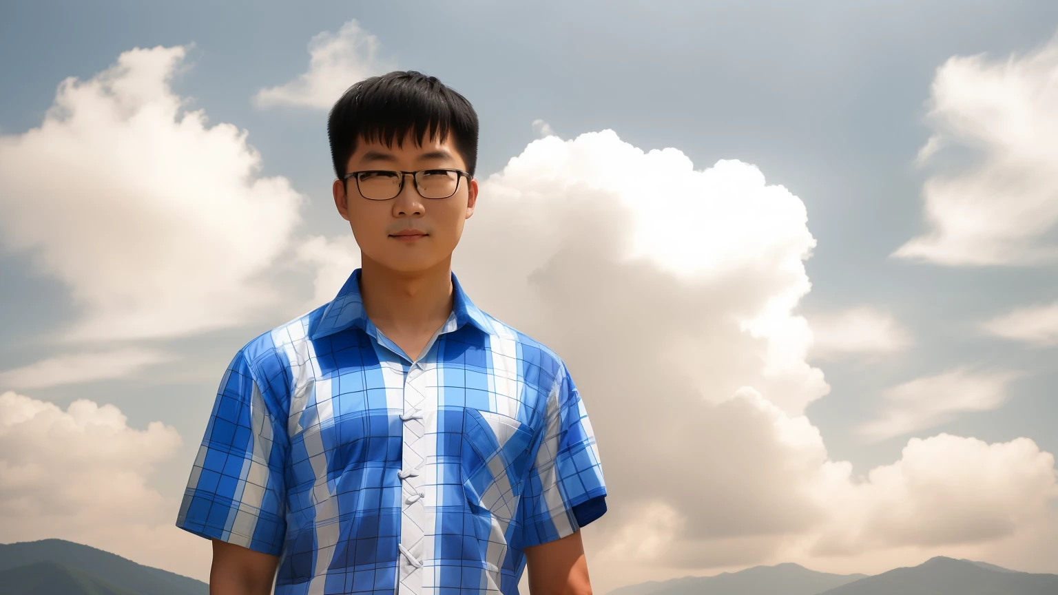 Chinese man wearing blue and white plaid shirt and black pants，Standing in front of a temple on the top of a mountain，Full body image，Realistic