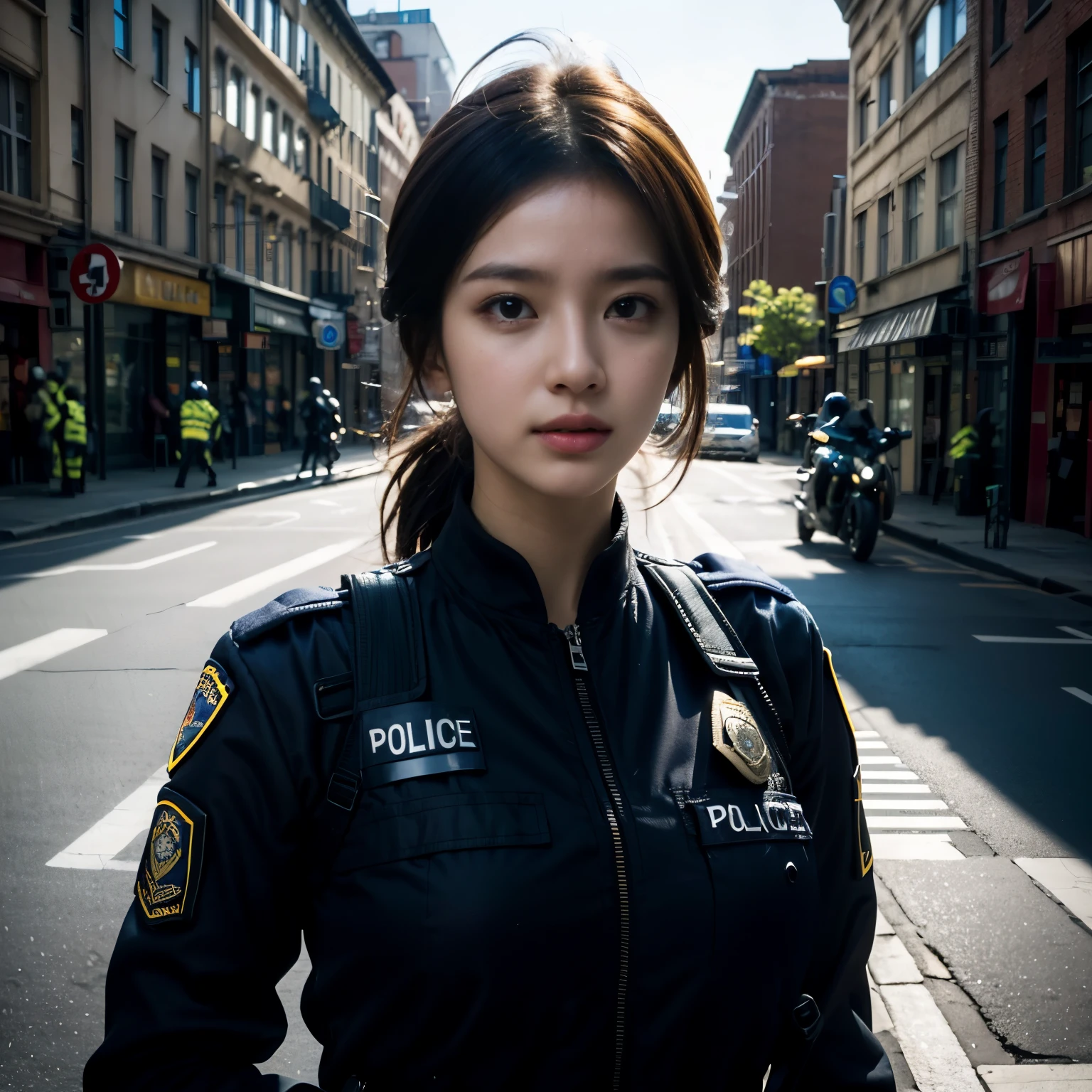 a police officer (best quality,4k,8k,highres,masterpiece:1.2),helicopter,and airborne shooting prevalent,rifle fire may have tracer bullets,police officer responds quickly,protecting the city,expressive eyes,determined face uniform shimmering under sunlight,modern tactical gear,professional in action,precise aiming,cityscape in the background,dramatic lighting,natural,crisp colors,powerful and impactful composition