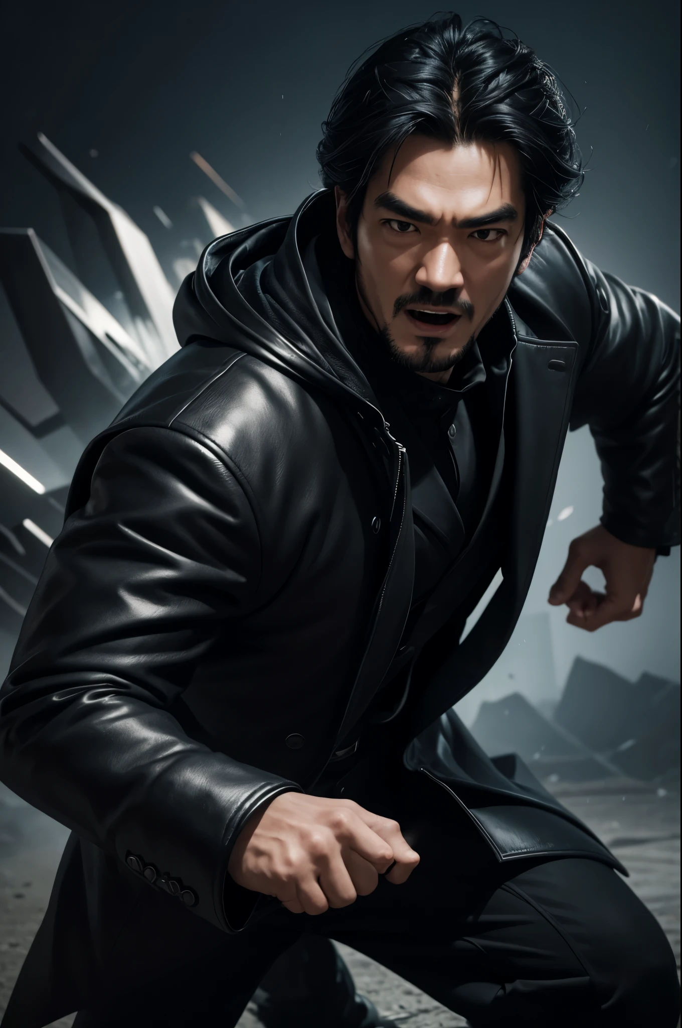 1 Super handsome,((surreal details)), man wearing a black coat with a hood,laughter,black slacks,Bunching up black hair,Portrait of Takeshi Kaneshiro, global illumination, Shadow, octane rendering, 8K, super sharp,Metal,convolution,8K,sharp gaze,dynamic action pose,karate stance,