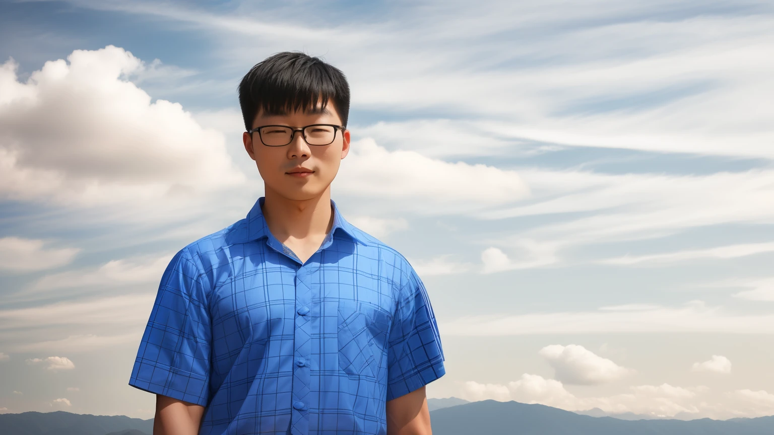 Chinese man wearing blue and white plaid shirt and black pants，Standing in front of a temple on the top of a mountain，Full body image，Realistic