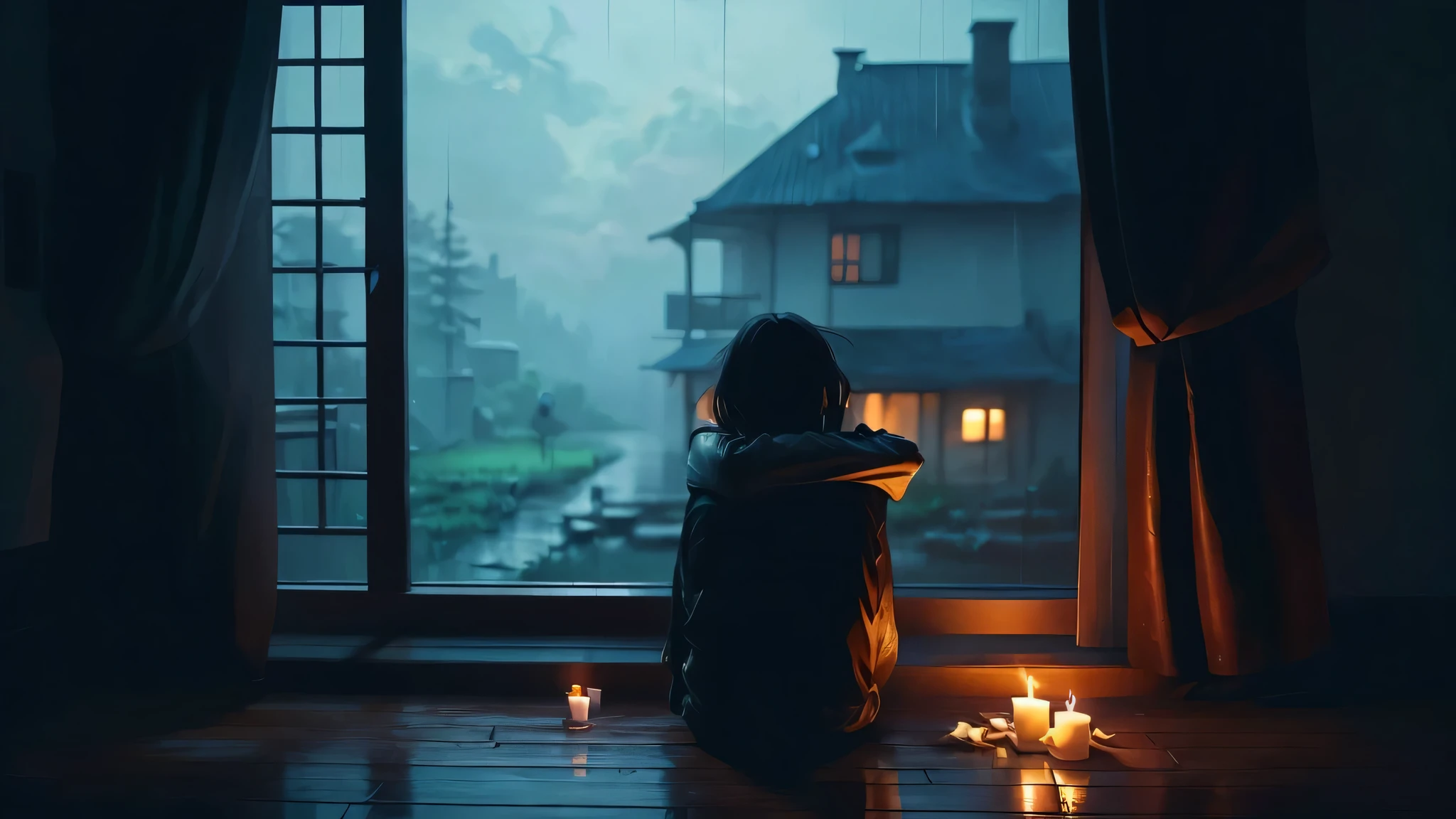 4k anime wallpaper, style of alena aenami, I'm bowing my head in my room, anime art wallpaper 4 k, anime art wallpaper、shortcut1girl、cute、dark room、candle light、it hurts、crying on my lap、rain outside the window、
