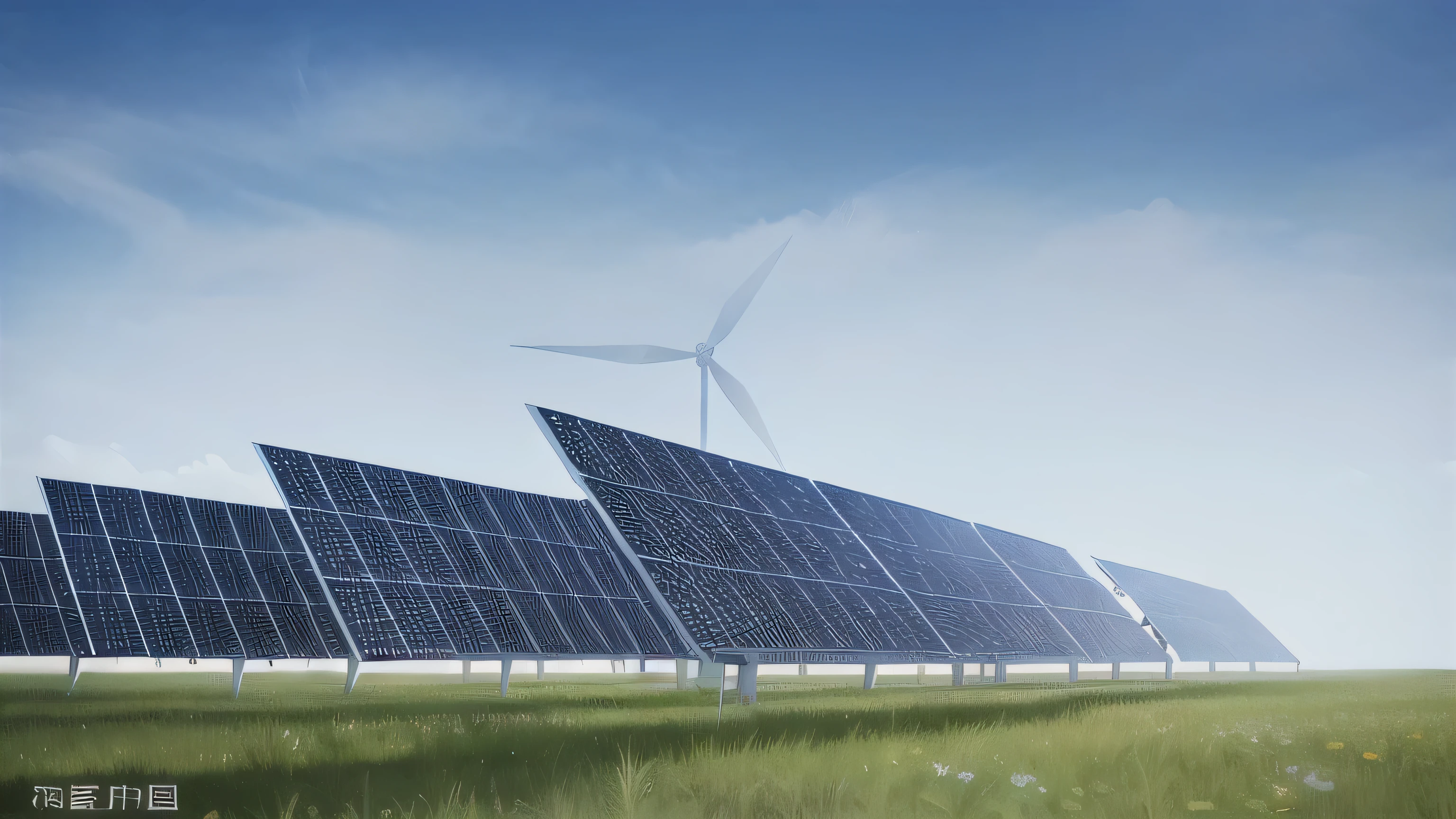 actual,Super realistic details,Extreme details,blue sky,solar energy,windmill