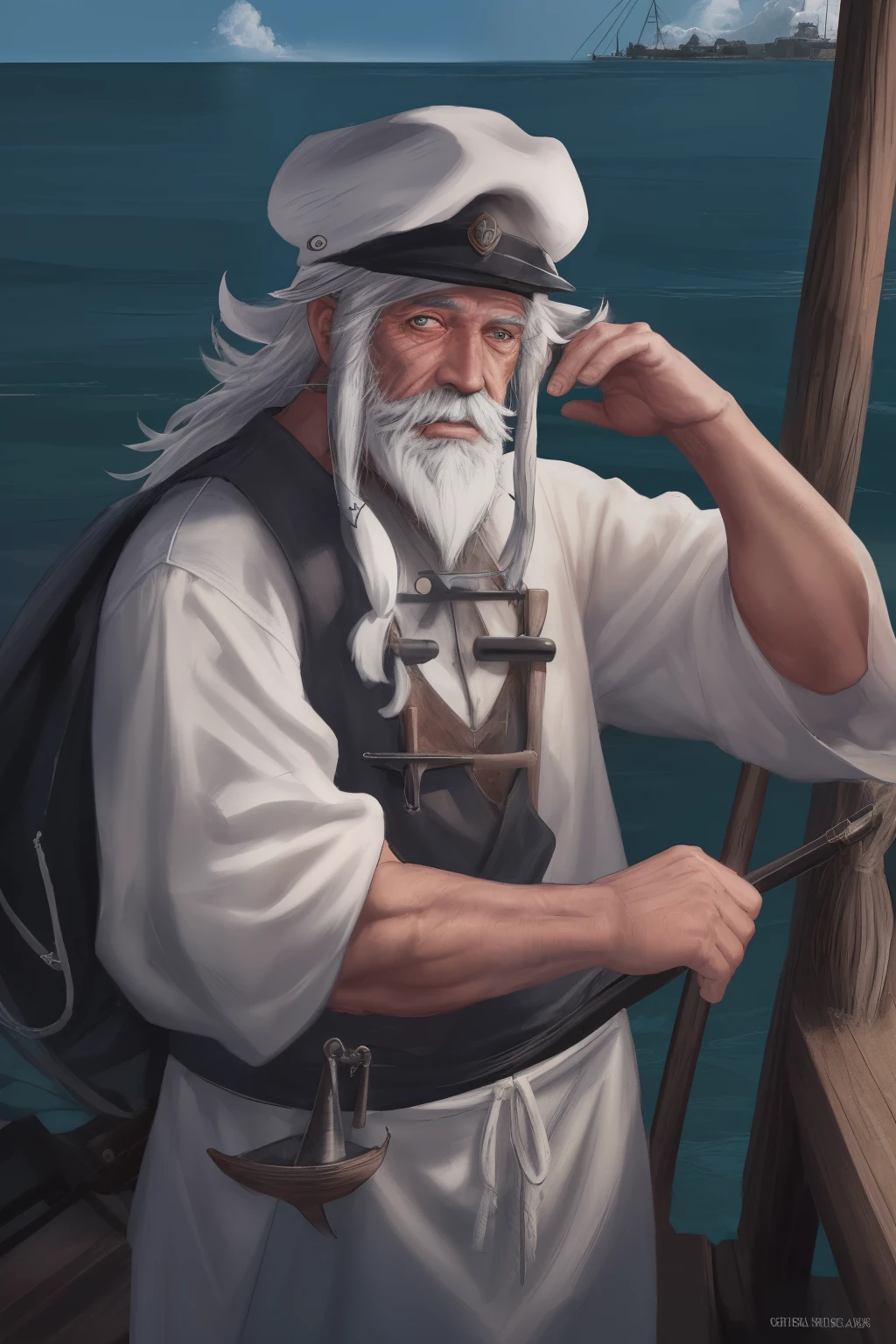 Portrait of an experienced fisherman with weathered skin, deep wrinkles and a piercing gaze. He wears a white beard and a fisherman's hat. In the background is the black sea, white masts on the roadstead, and a jetty, emphasizing his rugged features in natural light.