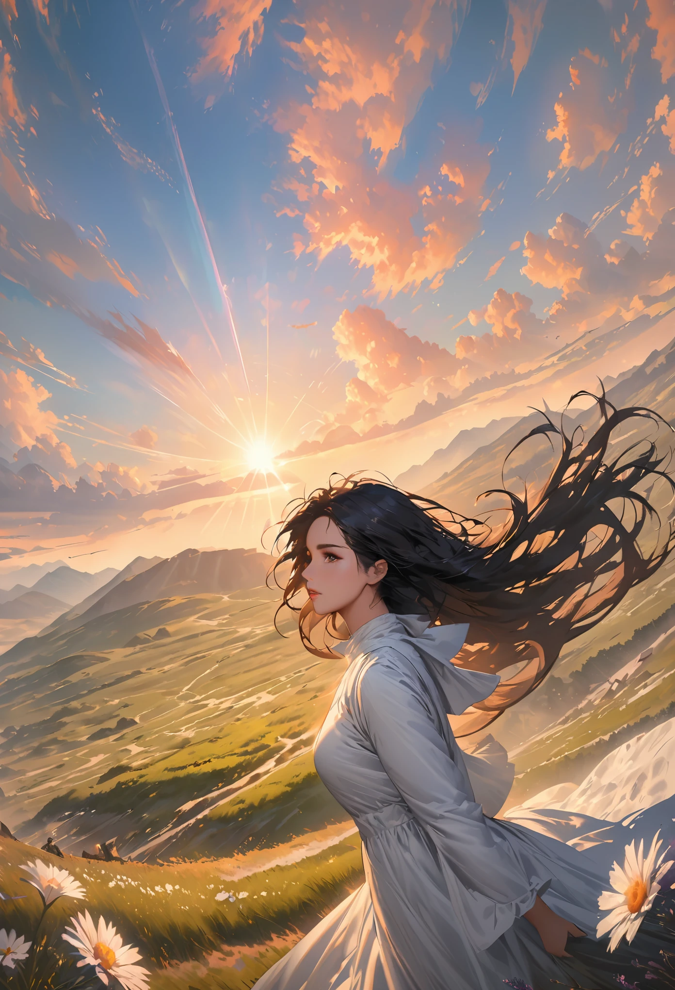 masterpiece, highest quality, high quality, highres,dramatic atmosphere, by Jeremy Lipking, by Antonio J. Manzanedo,extremely detailed wallpaper HIGH RES portrait ,exaggerated perspective, tyndall effect,((glow:1.3)),((Ultra-low saturation:1.3)), cinematic angle ,dramatic angle , (dynamic angle:1.3) , dynamic pose, cinematic lighting, cinematic atmosphere,detailed background, sideways, without looking at the lens, (from below),
steppe, lawn, meadow, stone, hillside, mountain range, white flowers, lavender, sunlight, colorful clouds, sunlight through the clouds,light rays,
1girl, solo, beautiful, floating hair, long black hair, white vintage long dress, sitting on the ground, sitting on the ground with hands holding her legs, a white horse next to the girl,