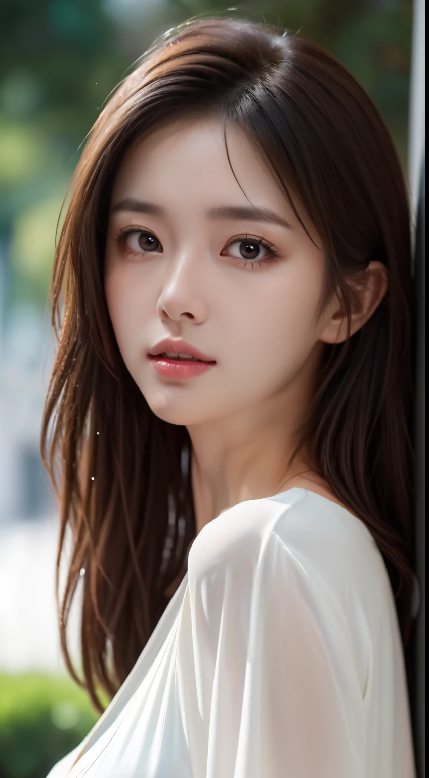 ((masterpiece)), ((highest quality)), ((High resolution)), ((detailed background)), (1 girl), pretty girl, white clothes, long hair, brown hair, black eye, ((detailed face and eyes)), wet lips, shine, whole body, Backlight, long slit eyes, ample breasts, portrait, 