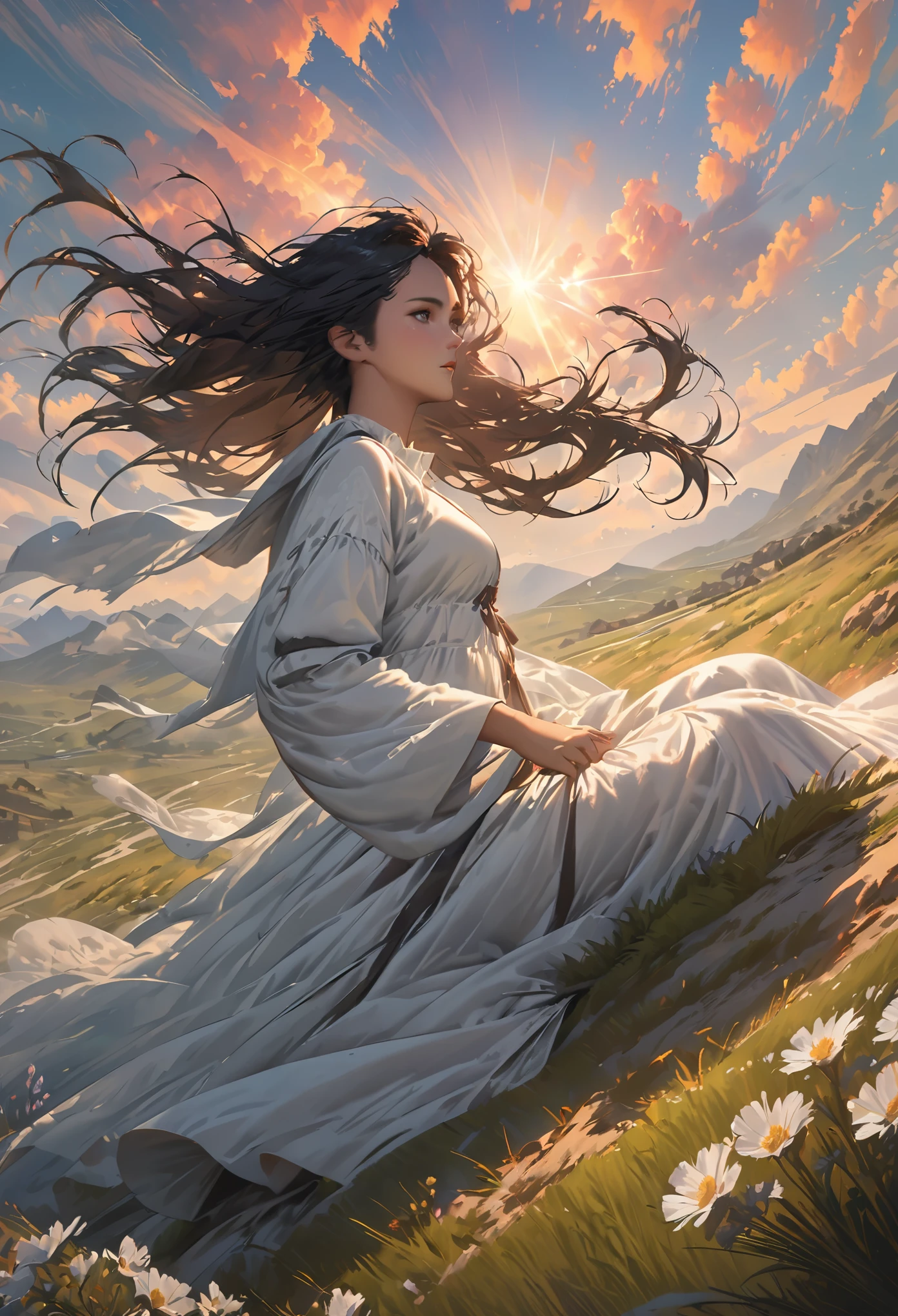 masterpiece, highest quality, high quality, highres,dramatic atmosphere, by Jeremy Lipking, by Antonio J. Manzanedo,extremely detailed wallpaper HIGH RES portrait ,exaggerated perspective, tyndall effect,((glow:1.3)),((Ultra-low saturation:1.3)), cinematic angle ,dramatic angle , (dynamic angle:1.3) , dynamic pose, cinematic lighting, cinematic atmosphere,detailed background, sideways, without looking at the lens, (from below),
steppe, lawn, meadow, stone, hillside, mountain range, white flowers, lavender, sunlight, colorful clouds, sunlight through the clouds,light rays,
1girl, solo, beautiful, floating hair, long black hair, white vintage long dress, sitting on the ground, sitting on the ground with hands holding her legs, a white horse next to the girl,
