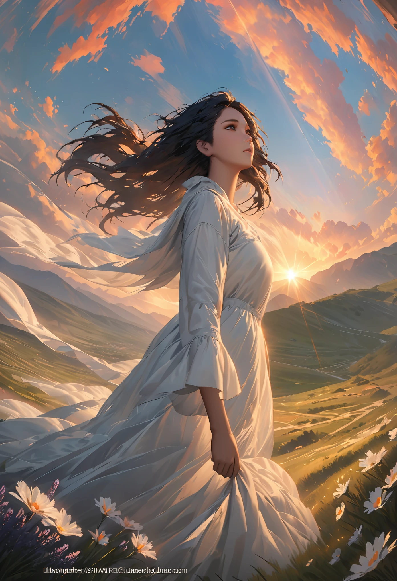 masterpiece, highest quality, high quality, highres,dramatic atmosphere, by Jeremy Lipking, by Antonio J. Manzanedo,extremely detailed wallpaper HIGH RES portrait ,exaggerated perspective, tyndall effect,((glow:1.3)),((Ultra-low saturation:1.3)), cinematic angle ,dramatic angle , (dynamic angle:1.3) , dynamic pose, cinematic lighting, cinematic atmosphere,detailed background, sideways, without looking at the lens, (from below),
steppe, lawn, meadow, stone, hillside, mountain range, white flowers, lavender, sunlight, colorful clouds, sunlight through the clouds,light rays,
1girl, solo, beautiful, floating hair, long black hair, white vintage long dress, sitting on the ground, sitting on the ground with hands holding her legs, a white horse next to the girl,