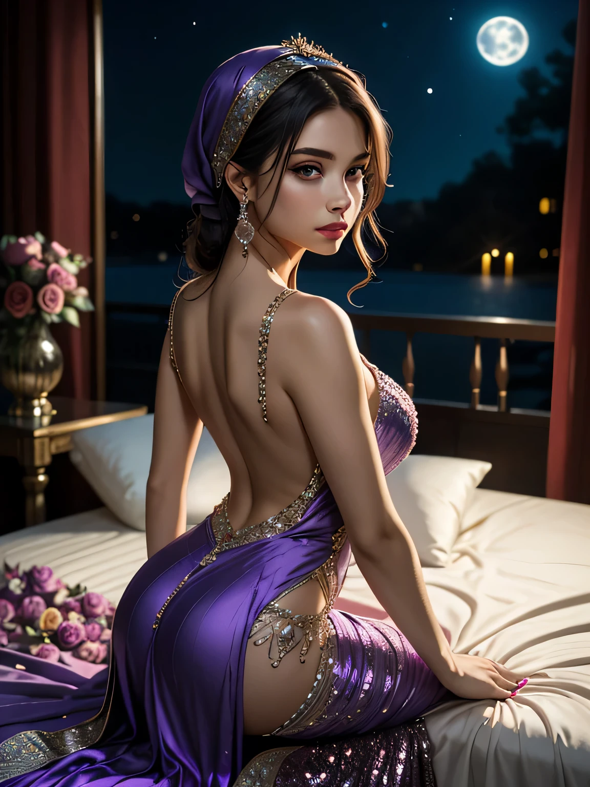 Cinematic photography: A young woman with a thoughtful expression, wearing a flowing purple evening gown adorned with intricate [flower type] embroidery and shimmering sequins. A matching headscarf cascades down her back. She sits regally on a bed of purple, pink, and blue roses, bathed in cool moonlight.  Catchlights dance in her eyes and rim lighting highlights the gown's delicate sparkle.  A single piece of [jewelry type] completes her look. The background melts away in a soft purple bokeh.