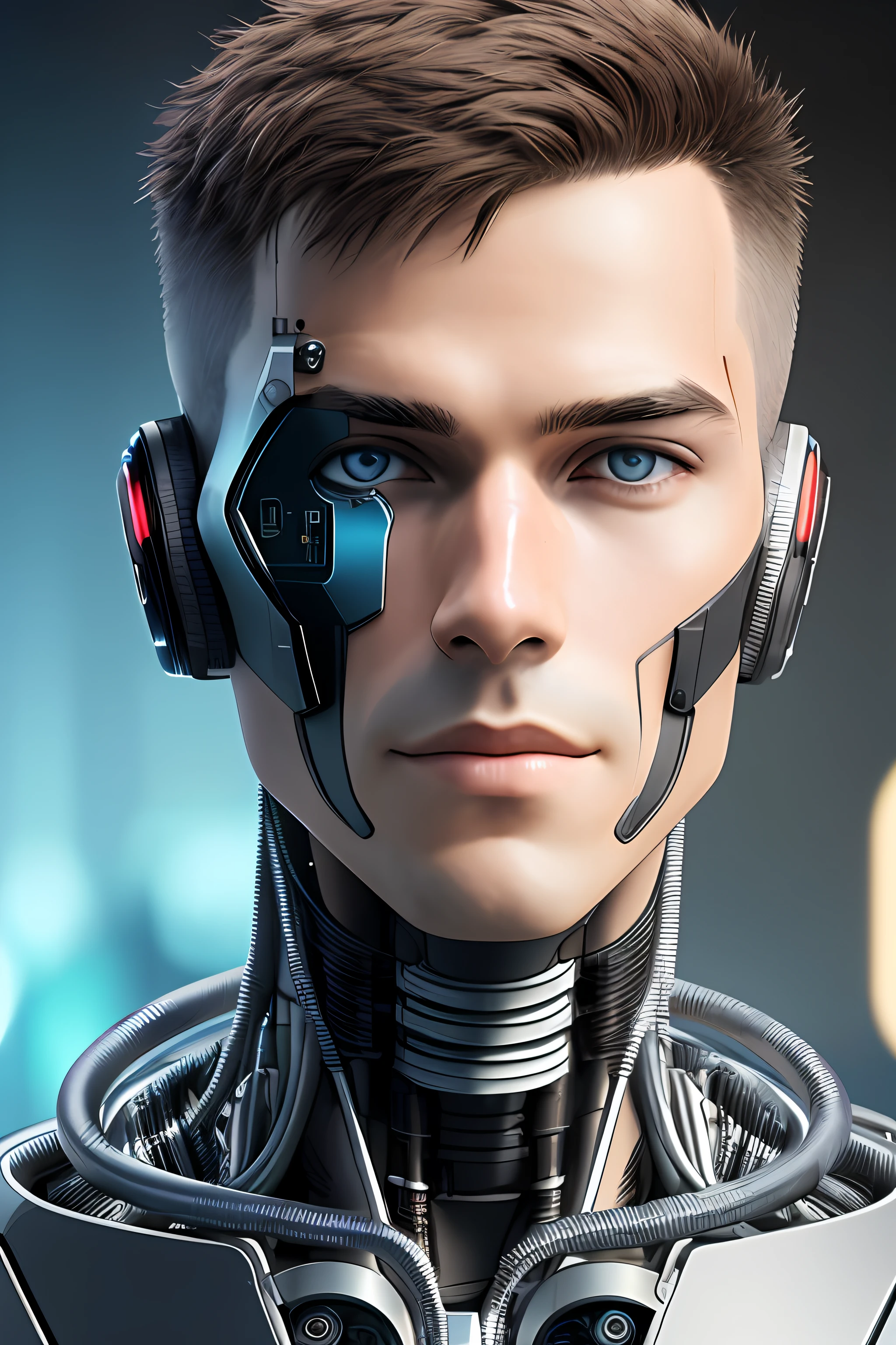 Cara Ciborgue | Rosto de homem | Pele cor de carne | Electronic systems in the heads of humanoids | Detailed Brain in Sight | Detailed connection wire | biopunk | cybernetics | Ciberpunk | Canon M50| 100mm| foco claro | hiperrealismo | muito detalhe| detalhes intrincados | vista lateral |