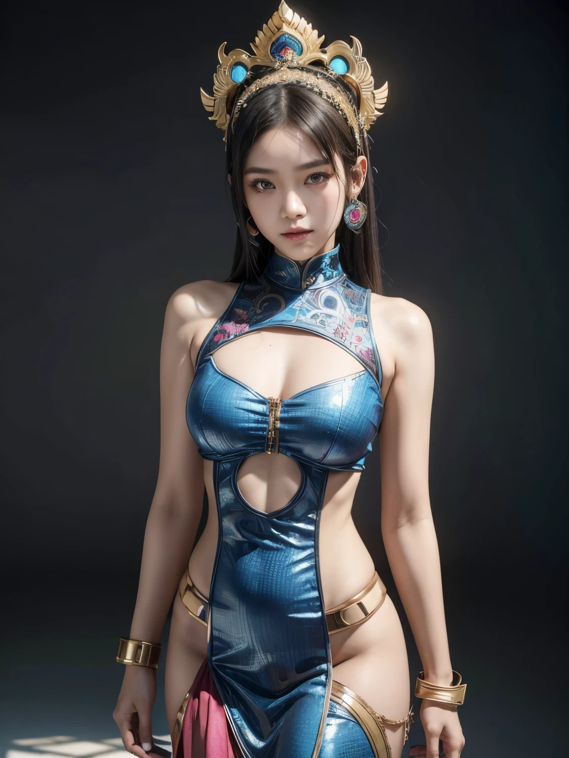 An Indonesian-styled futuristic suit worn by a girl depicting cultural fusion and modern fashion. The suit is adorned with intricate patterns and vibrant colors, showcasing the rich heritage of Indonesia. The girl stands confidently in a dynamic pose, with her detailed eyes reflecting determination and curiosity. The suit's material is a combination of traditional textiles and futuristic synthetic fabrics, giving it a unique and avant-garde appearance. The overall image quality is of the highest standard, with sharp focus and ultra-detailed rendering. The artwork employs physically-based rendering techniques, resulting in realistic lighting and shadows. The colors are vivid and vibrant, capturing the essence of Indonesian cultural aesthetics. The background features a fusion of modern architecture and traditional elements, creating a harmonious blend of the past and the future. The prompt explores the intersection of Indonesian culture, futuristic design, and the artistic representation of a confident girl