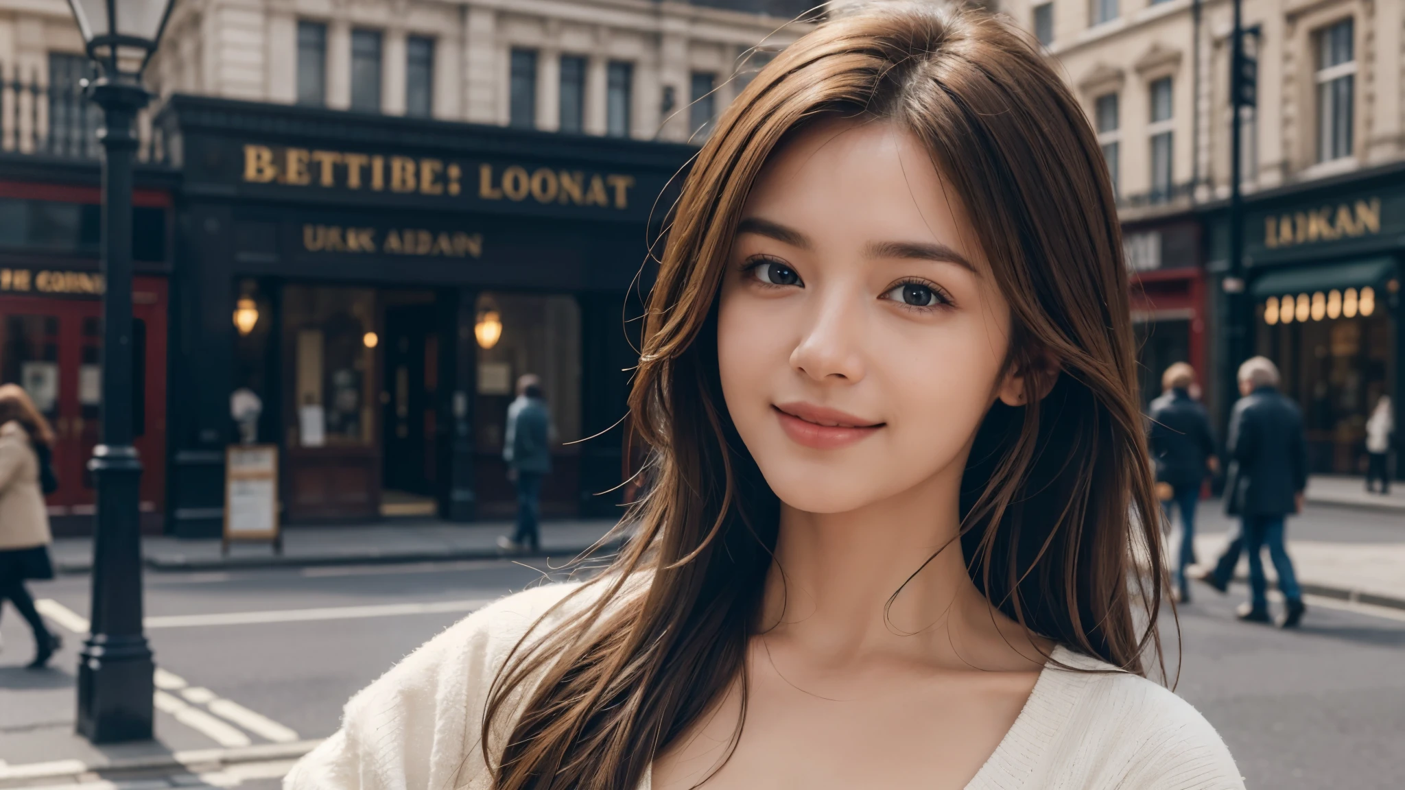 masterpiece, Best Quality, Photorealistic, Ultra-detailed, finely detailed, High resolution, 8K Wallpaper, 1 beautiful woman, light brown hair, sharp focus, Perfect dynamic composition, Beautiful detailed eyes, detailed hairs, Detailed realistic skin texture, Smiling, portrait, Model body type, Take a walk on the street of London,