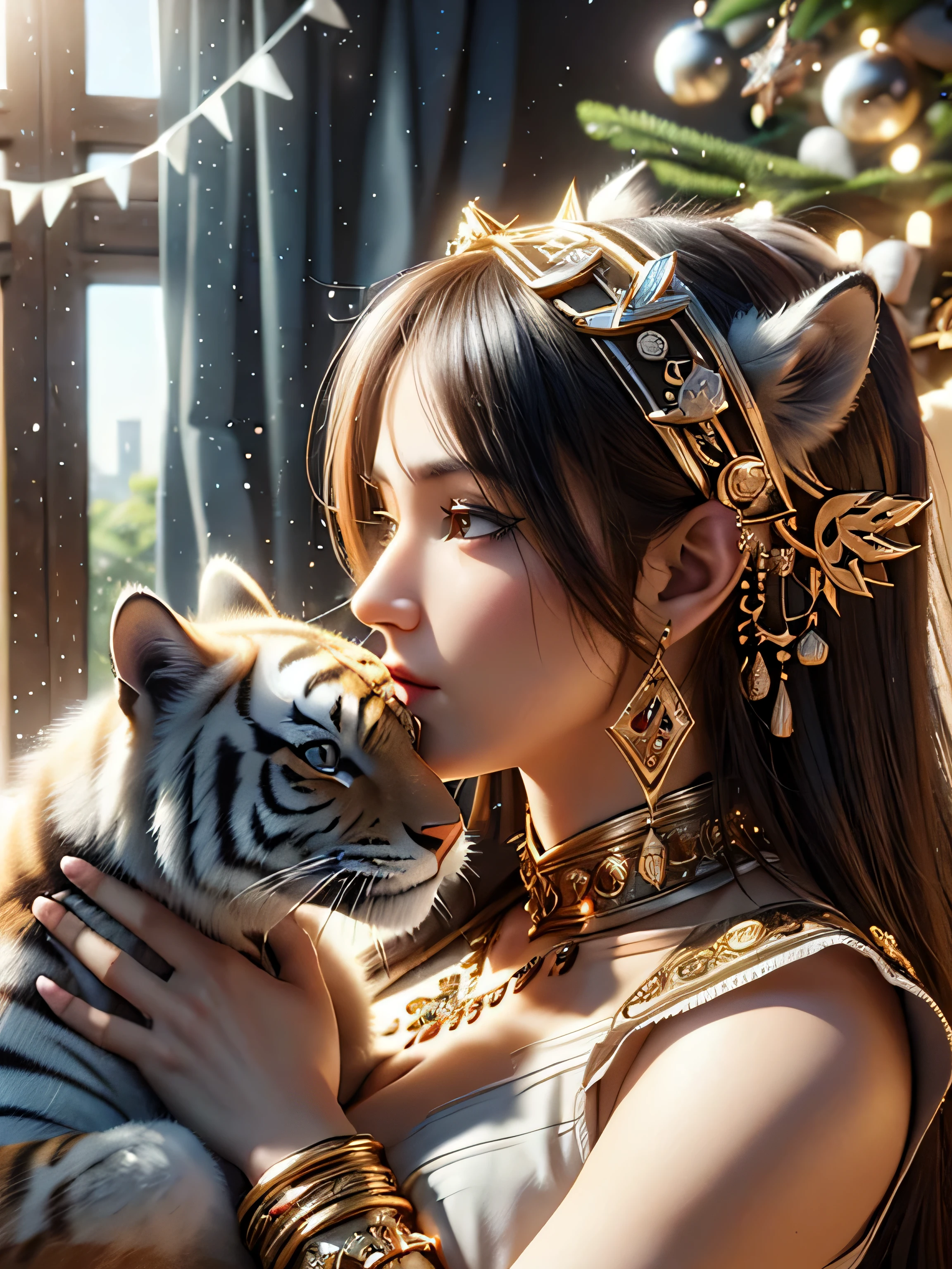((best quality)), (details), (3d), (Headshot), (Profile picture), (close up), Beautiful Middle Eastern woman holds a tiger&#39;s head on her, HDR, 4k 