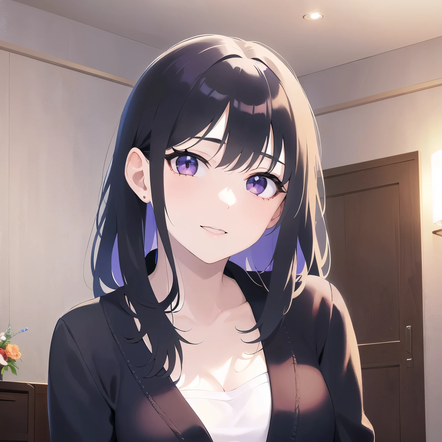 Upper Body, Realistic, real person, (pale skin: 1.2), RAW photo, photorealistic, portrait photography, shiny skin, japanese idol、shiny hair、(25 year old woman with straight medium hair with bangs) and (black hair) and (purple eyes) , wearing a blue cardigan 、smile, The background is the living room、Alone、Are standing