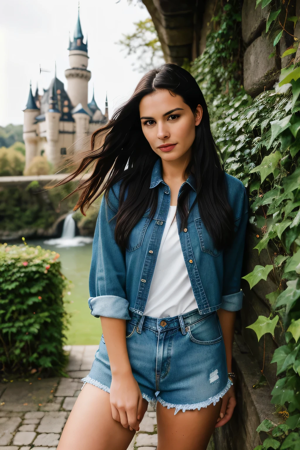 photograph of a woman, (tense facial expression),face looking straight into the camera, ultra-textured leather, goosebumps, black hair with waterfall braid, oversized denim shirt with bike shorts and sneakers, several views, majestic fairytale castle with turrets, drawbridges and walls, covered with ivy, Beautiful blue eyes, (Soft lighting), Holder for 160 flowers., shot with Leica T, hips, sharp focus on the subject, photograph of Candida Hofer