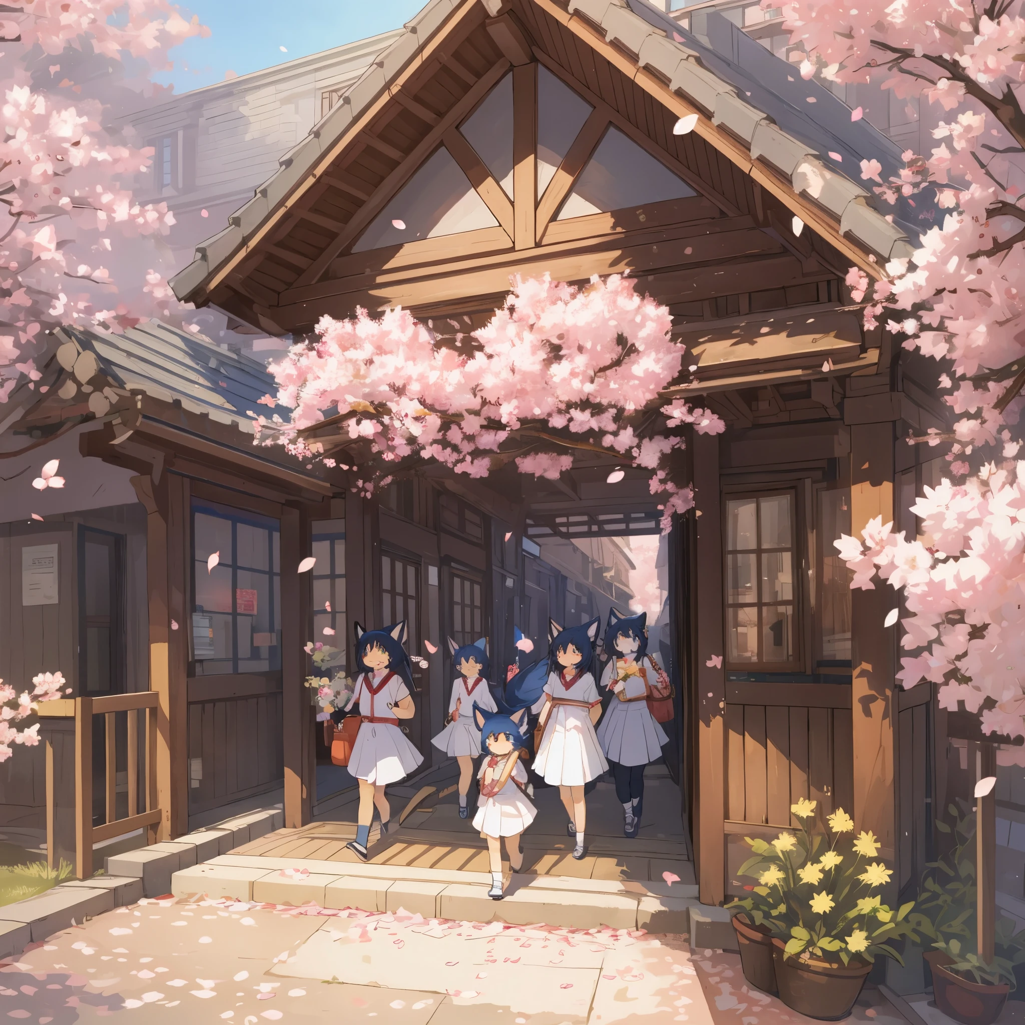 top quality, best quality, High-quality illustrations, masterpiece, super high resolution, detailed background, Cherry blossom petals flutter, Elementary School Entrance Ceremony, Children carrying school bags, 6+boys, 6+girls, absurdres(highly detailed beautiful face and eyes)perfect anatomy, expression, (good lighting, cinematic shadow)(kemono, furry anthro)assorted poses, dynamic angle,