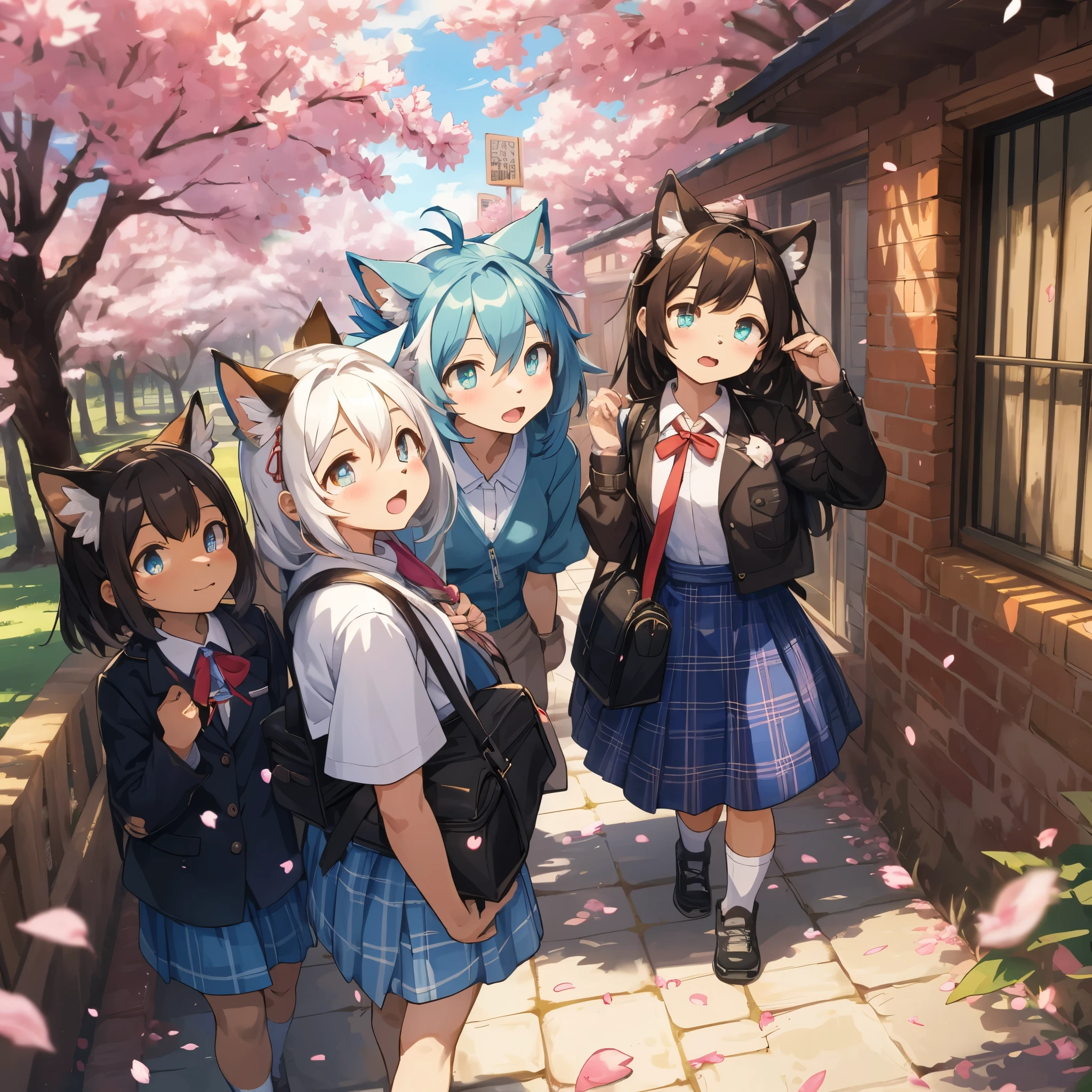 top quality, best quality, High-quality illustrations, masterpiece, super high resolution, detailed background, Cherry blossom petals flutter, Entrance Ceremony, Children carrying school bags, 6+boys, 6+girls, absurdres(highly detailed beautiful face and eyes)perfect anatomy, expression, (good lighting, cinematic shadow)(kemono, furry anthro)assorted poses, dynamic angle,