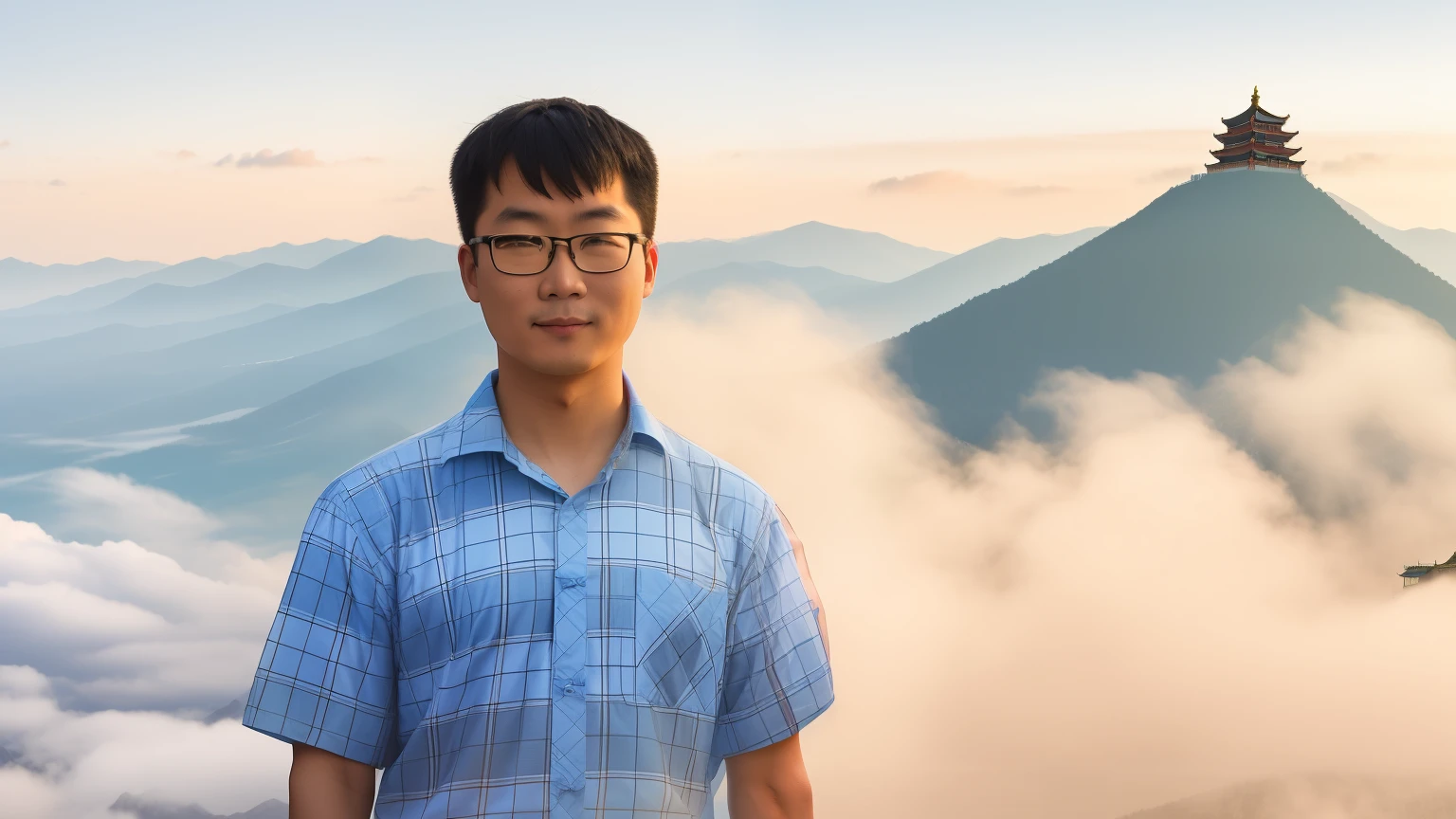 Chinese man wearing blue and white plaid shirt and black pants，Standing in front of a temple on the top of a mountain，Full body image，Realistic