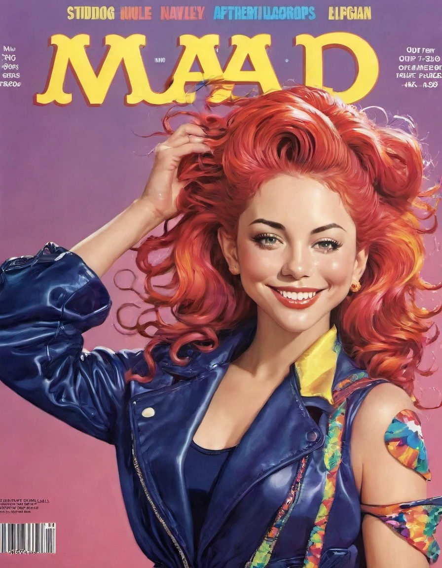 Magazine Cover, aesthetic, mad-magazine-cover, (a girl with) vibrant colorful hair, striking pose, stylish clothes, confident smile, dynamic background, (high fashion),(realistic),(studio lighting), (best quality,4k,highres), (portrait)