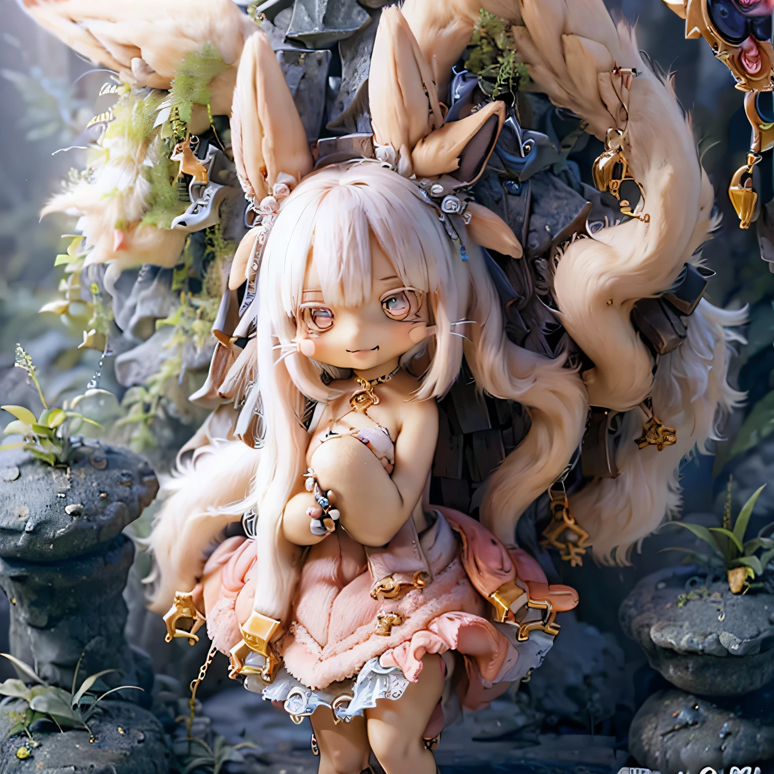 in the garden, smiling girl, Looks like Nanachi from Made in Abyss. she is beautiful, fine eyes and lips. A girl is depicted、 (((chibi style,))) . Image quality is top quality, With highly detailed and realistic features. The artwork medium combines illustration and photorealistic rendering. Vibrant colors and lighting create a warm and cheerful atmosphere Casual Full Body(((((Cute pink dress)))))