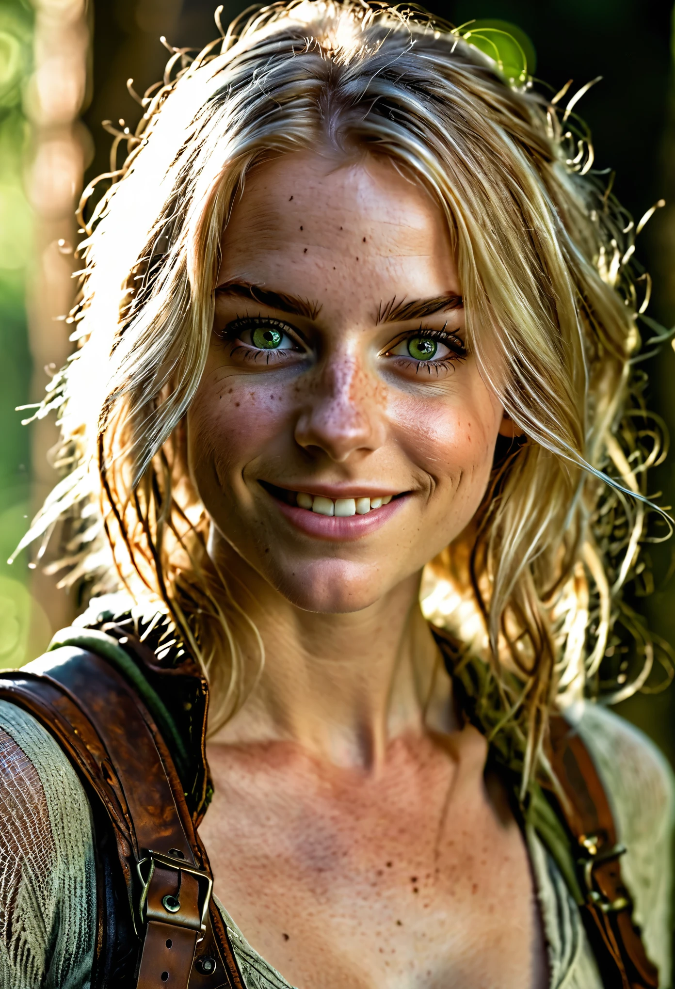 photo shot on Nikon D850, 16k, sharp focus, masterpiece, Hyper Detailed, breathtaking, atmospheric perspective, diffusion, pore correlation, skin imperfections, DSLR, 80mm Sigma f2, depth of field, film grain, intricate natural lighting, full body shot of gorgeous sexy woman, adult (elven:0.7), freckles, green eyes, light blonde layered hair, full length photo, solo, perfect body, detailed background, detailed face, (post-apocalyptic dark dystopian theme:1.1), smile, backlighting, magical atmosphere
