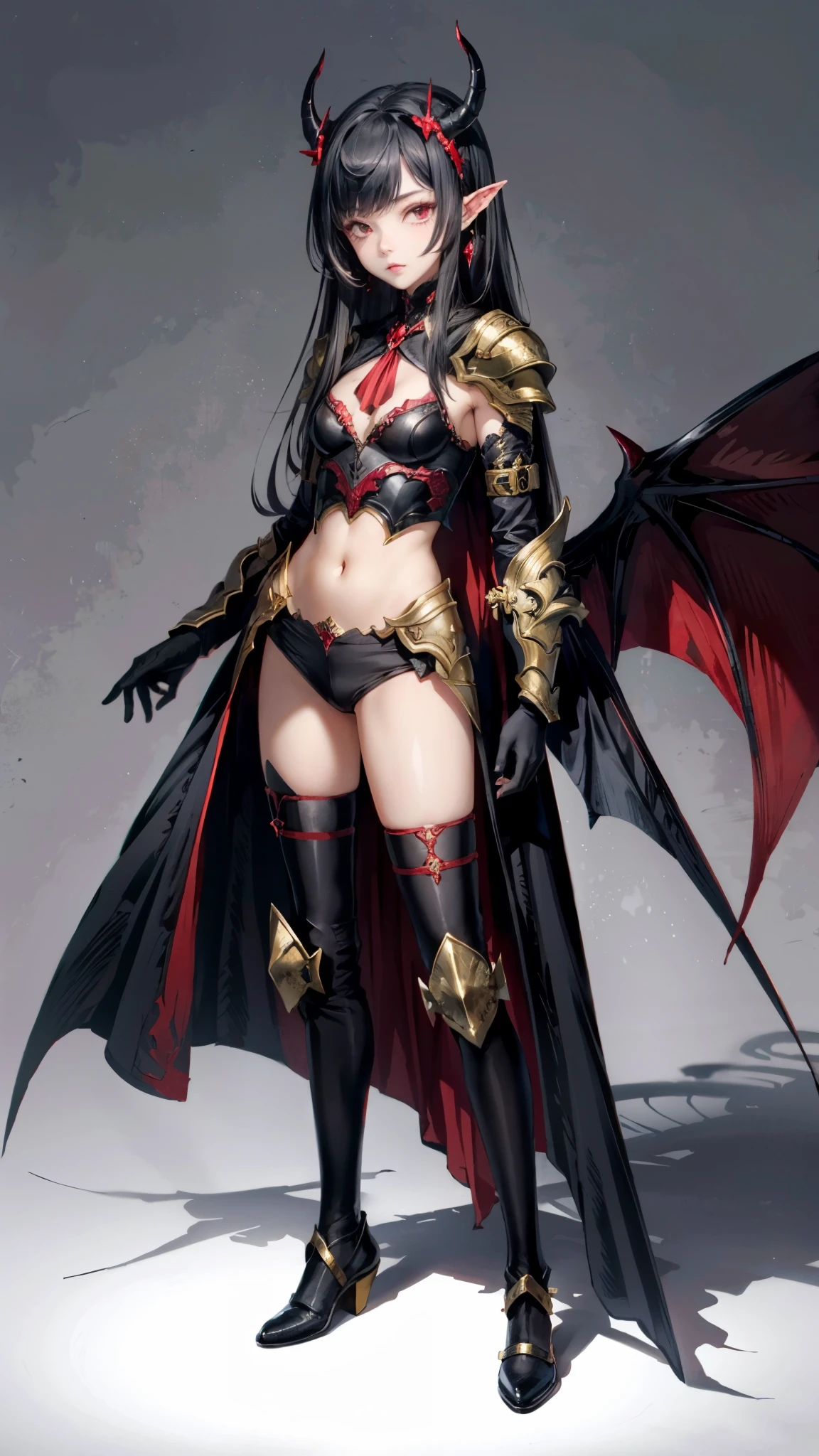 Demon girl, demon princess, gyaru face, dark skin, full body, standing, point ears, small horns, armor