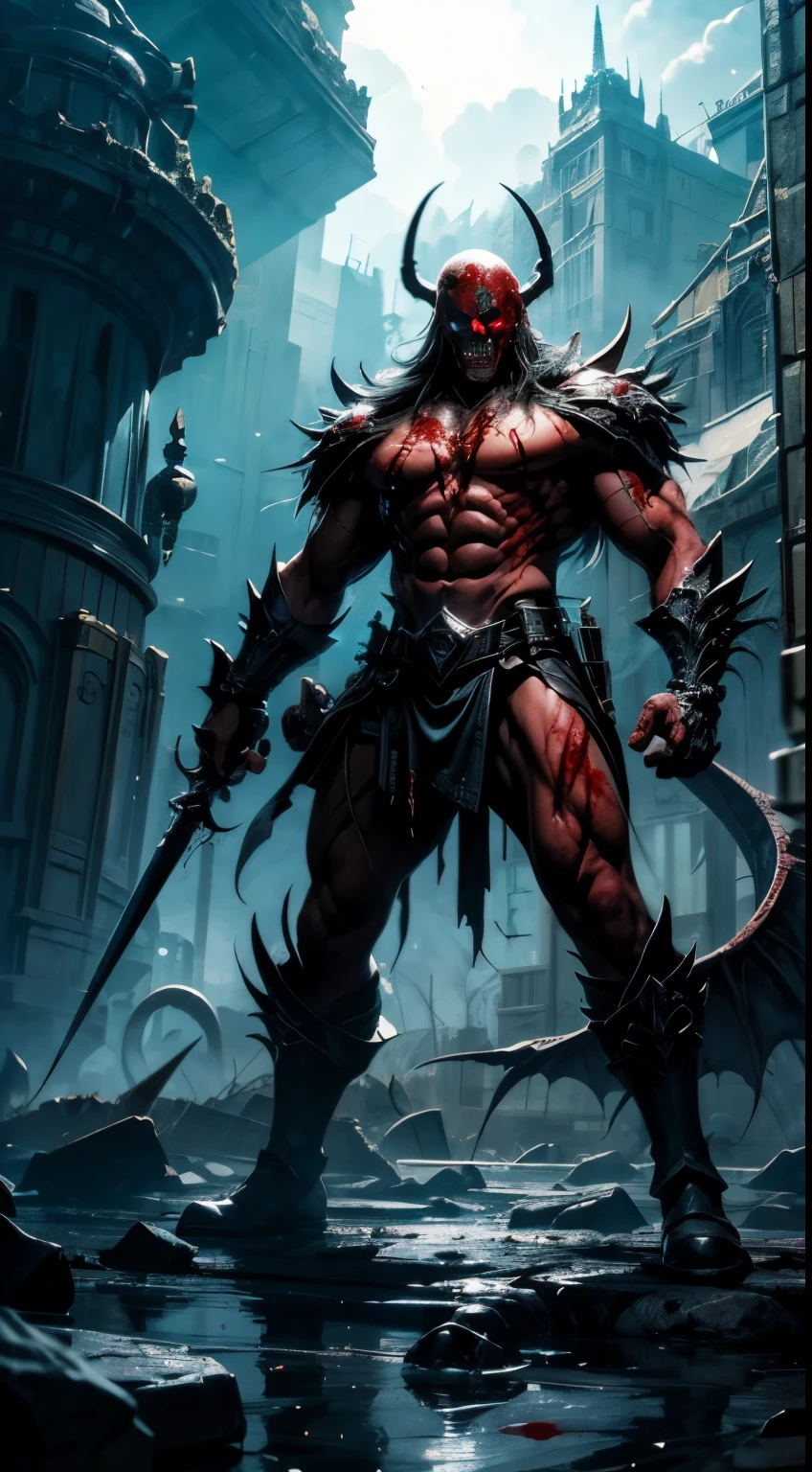(Messenger from hell:1.4),look up from below,hell,magma,inflammation,(Strong pressure sensation 1.4),(紫のinflammation:1.3),fresh blood on the ground,Blood Pond,dripping blood,skeleton remains,((Super huge, thick and sharp huge claws)),(((Black antique terrifying scales))),(((Scales are covered with thick spines)))((extremely thick and scary scales)),Black scales cover the whole body,((bloodthirsty brutal demon man)),battle,ugly face,full body gonzo,Black lightning streaked across the sky,(((A thick sea of clouds swirls beneath your feet.))),(there was blood everywhere),((Blood dripped from between the legs))stereopsis,works of masters,super fine,4K resolution,high quality,light,High quality image details,detailed pubic hair,epic shooting