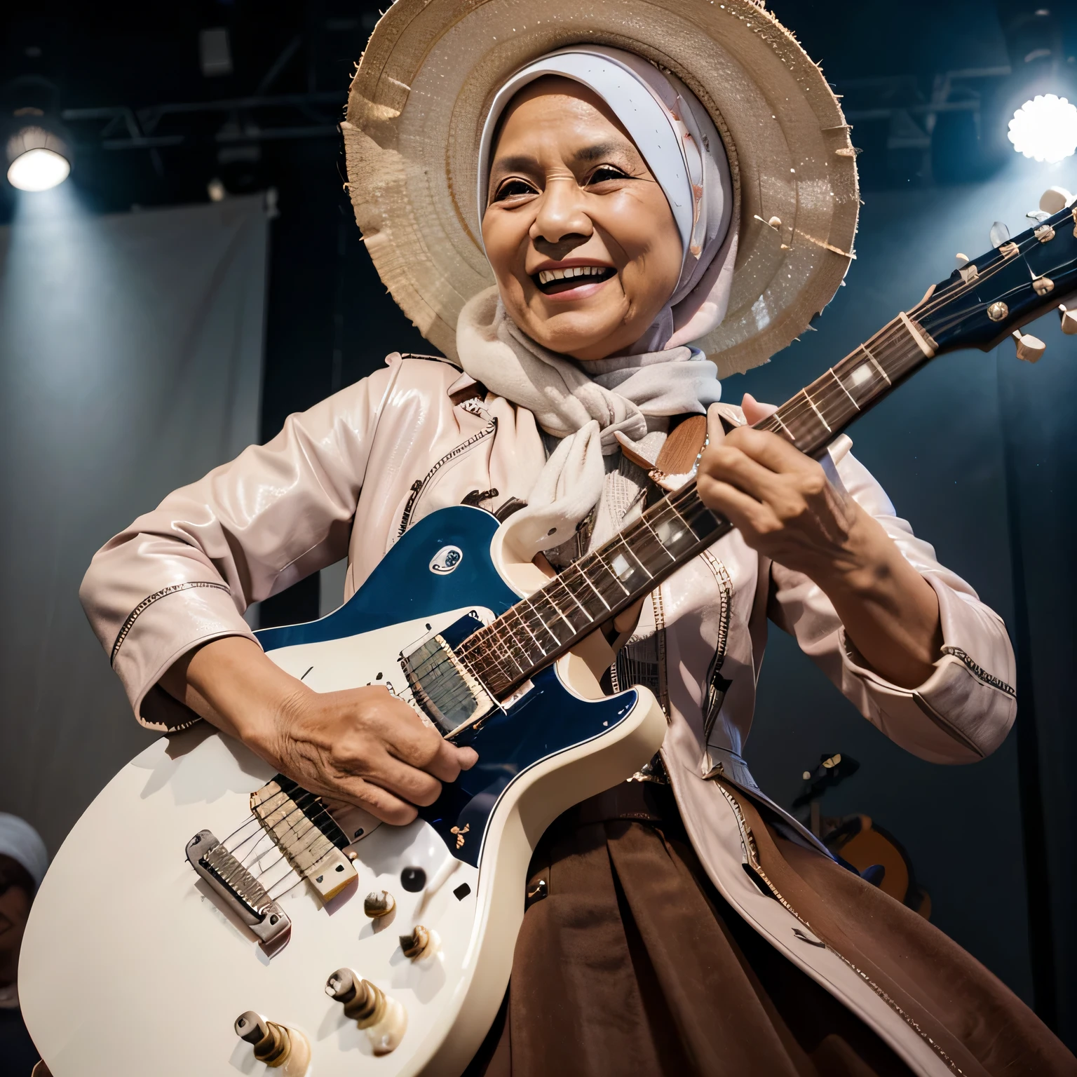 high resolution image, an 80 year old grandmother from Indonesia, wearing a pink hijab, white Muslim dress combined with a brown leather jacket, leather boots, playing an electric guitar, her body curved backwards, her face smiling, she plays the electric guitar enthusiastically, electric elements lots of blue coming out of his guitar strings and rotating around his body, the atmosphere of the concert stage, the stage lights, the faces of the audience are clearly visible, very detailed, photorealistic, HD quality
