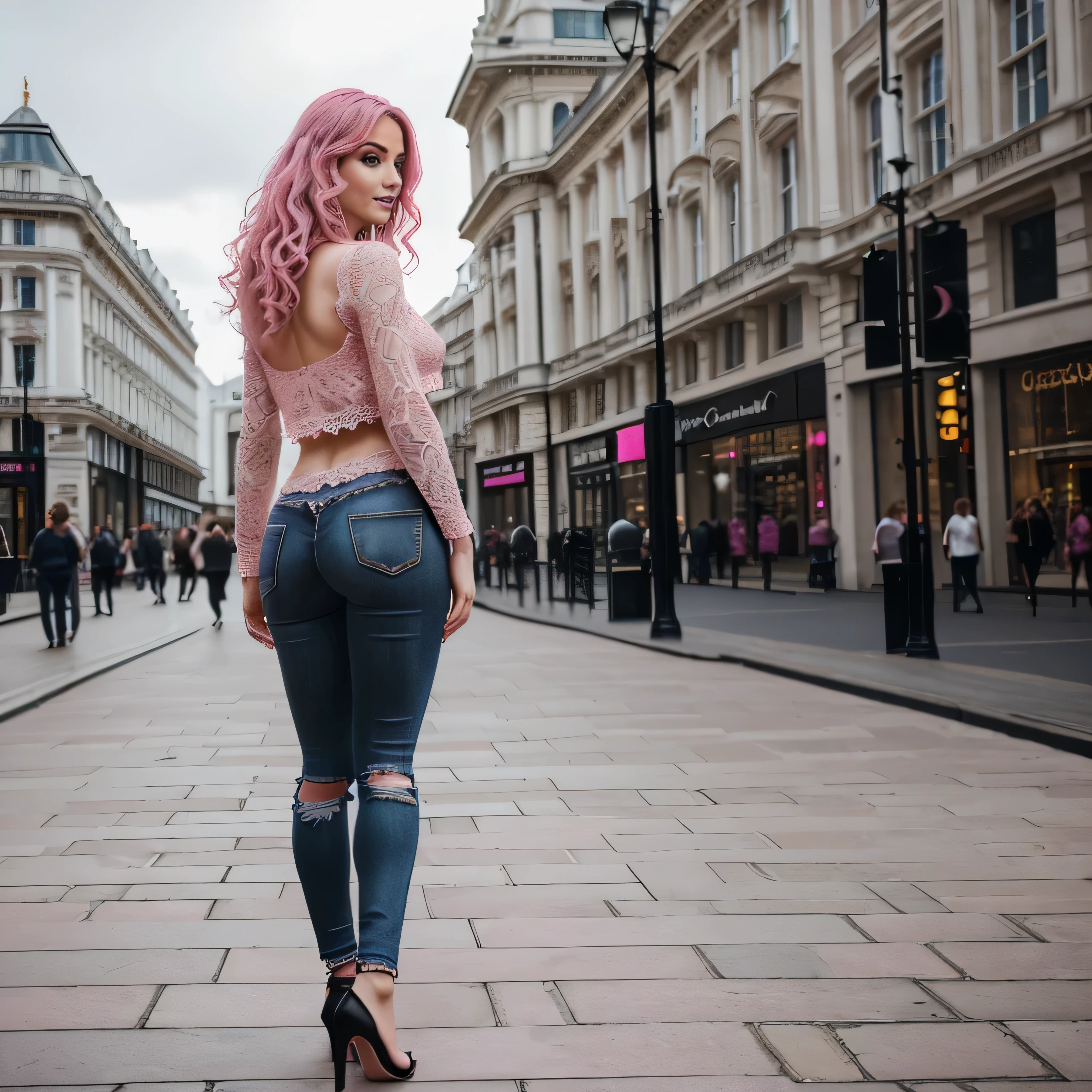 Realistic, Sexy girl with blue eyes, Gorgeous European woman, 24 years old, long bright pink hair, Street, , stroll,TV sexual position, (Sexy clothes)