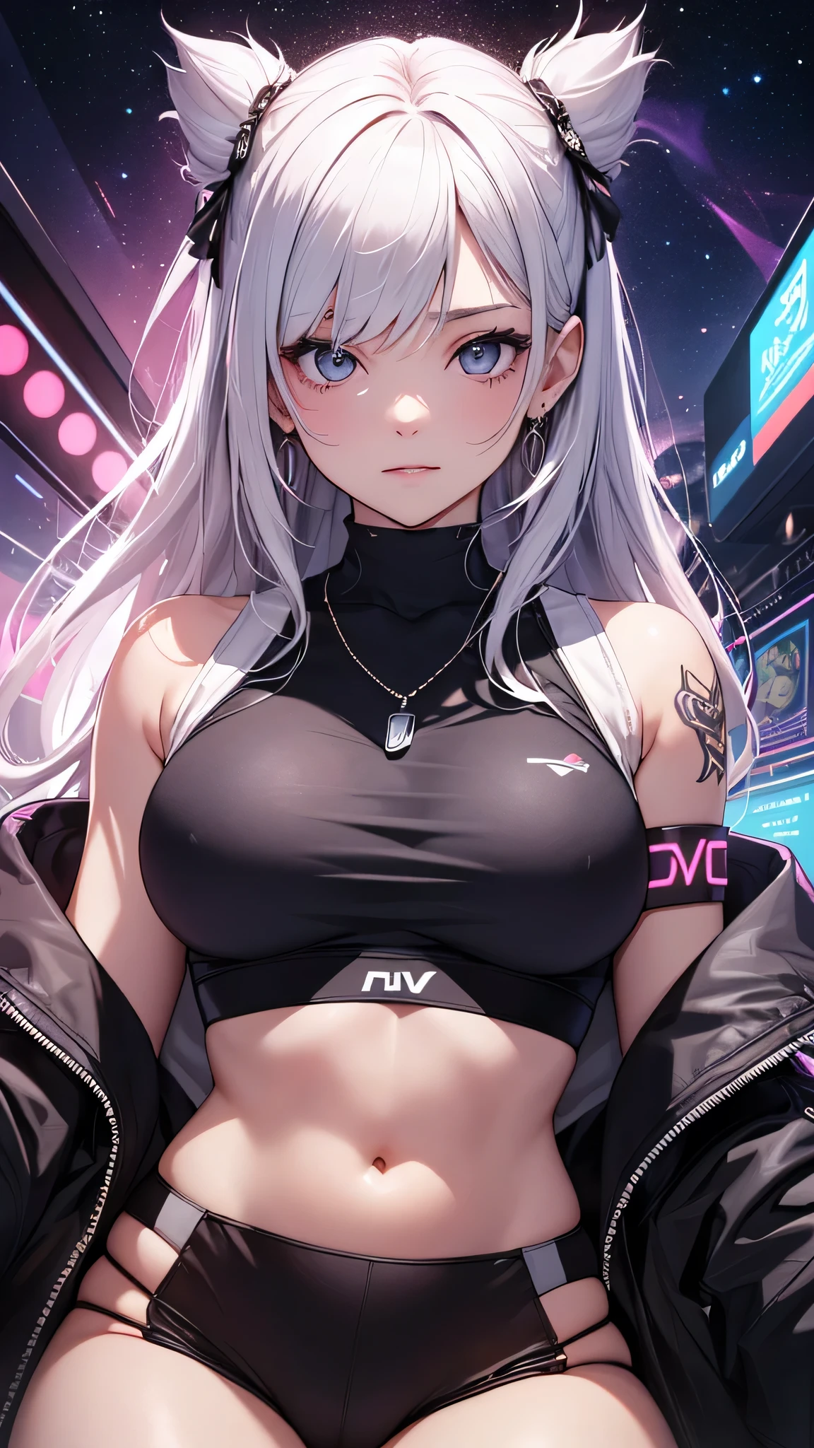最high quality、best image quality、masterpiece、girl((20-year-old、 By becoming、vest bust、medium bust,wide open breast tea、shining eyes, silver hair、long hair、thin,highest valley、black sports bra、black sports pants、shoulder tattoo,diamond earrings、Wristband、black jacket、necklace、cool pose)),high quality、beautiful art、background((Virtual space、neon lighting、neon light、Live feeling))、Flight、debris flies、Depth of written boundary、movie、visual art、perfect art、8K,genuine、Dynamic Performance
