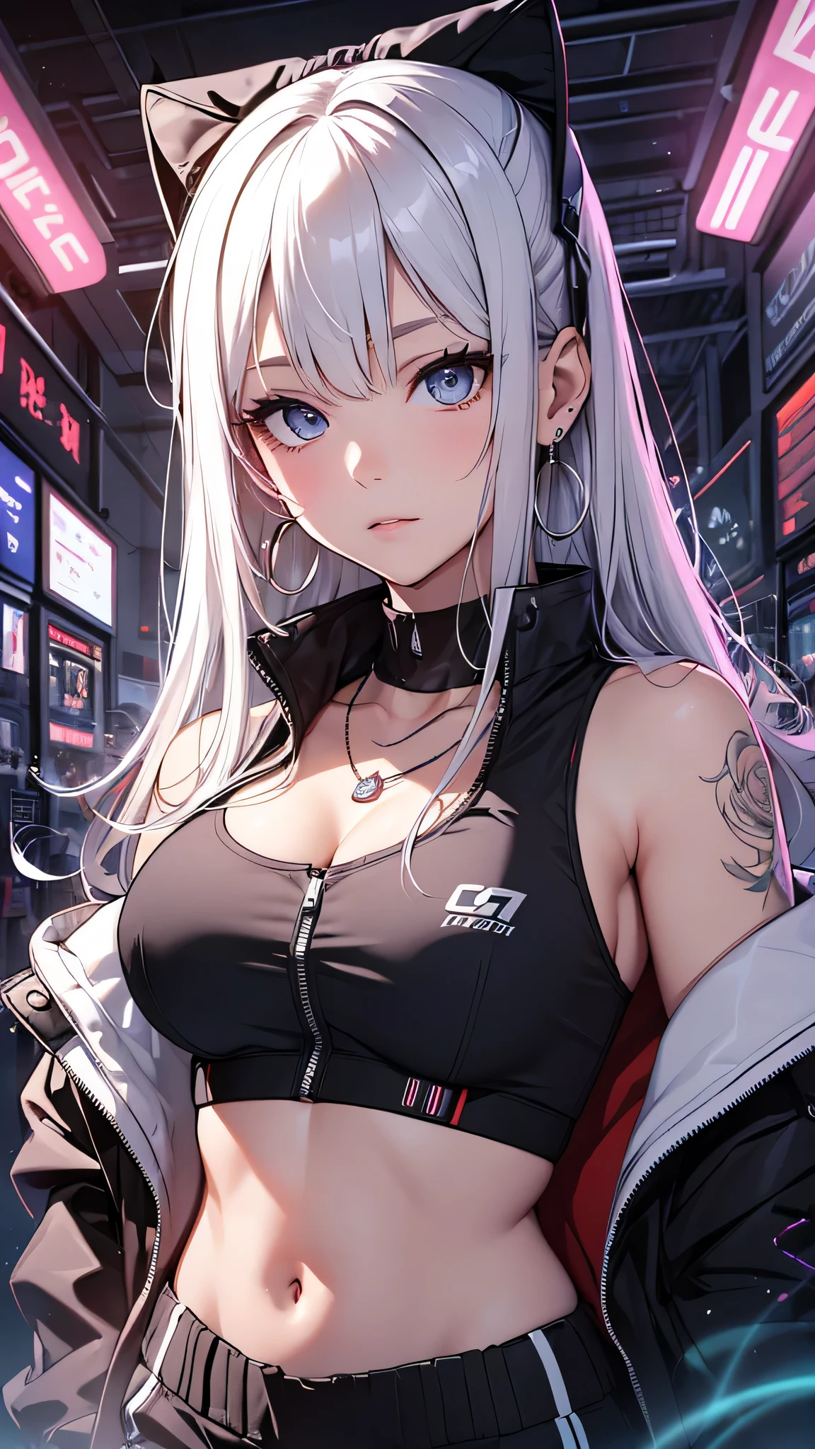 最high quality、best image quality、masterpiece、girl((20-year-old、 By becoming、vest bust、medium bust,wide open breast tea、shining eyes, silver hair、long hair、thin,highest valley、black sports bra、black sports pants、shoulder tattoo,diamond earrings、Wristband、black jacket、necklace、cool pose)),high quality、beautiful art、background((Virtual space、neon lighting、neon light、Live feeling))、Flight、debris flies、Depth of written boundary、movie、visual art、perfect art、8K,genuine、Dynamic Performance