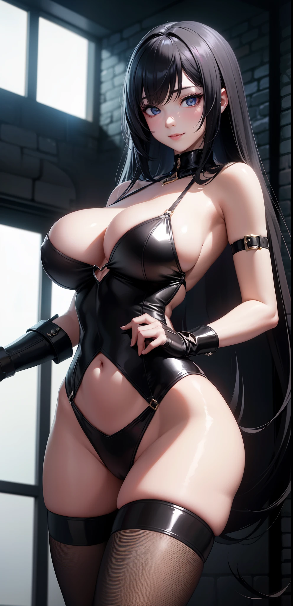Confident anime girl, clad in a provocative BDSM outfit, exudes an alluring aura as she assumes a seductive pose, flaunting a lewd smile. her waifu-like features, with intricate details, shine in the dimly lit dungeon. Viewed from below, her CGI rendered image, meticulously crafted with realistic textures and Octane render, exudes an unparalleled sensuality under the low camera angle and ISO200 setting. 8k resolution brings out every detail in this masterpiece.