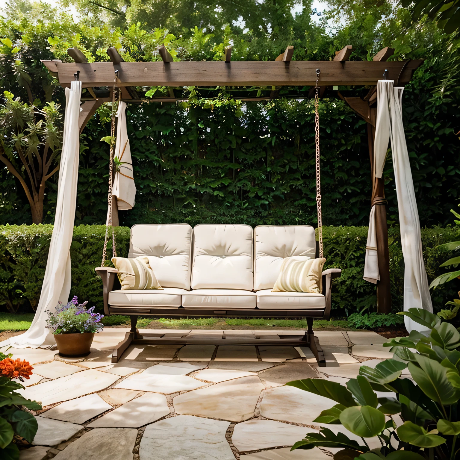 a beautifully landscaped outdoor space with various seating areas, plants, and decor a garden swing and chaise lounges