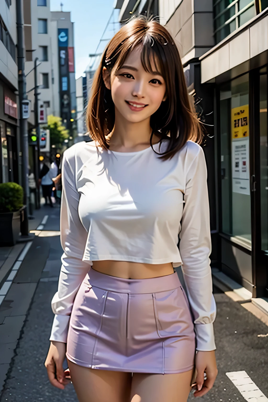 (Photoreal:1.4), (Super detailed), (highest quality), (best shadow), (masterpiece), ultra high resolution, 1 female, beautiful ripe year, bob hair, (light purple fancy blouse), (red tight mini skirt), light pink panties, (big breasts), smile, Depth of written boundary, perfect lighting, With background: (Tokyo Ginza street)