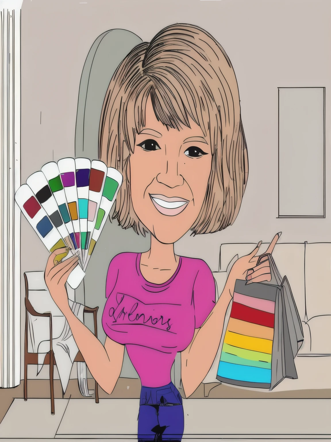 cartoon of a woman holding a color palette and a fan, in cartoon style, inspired by Mardi Barrie, pantone marker portrait, by senior artist, cartoon style illustration, colored illustration, full color illustration, coloured with lots of colour, inspired by Joanna Carrington, flat coloring, color illustration, flat colour, coloring book style, full color drawing, cartoon style, coloring book page