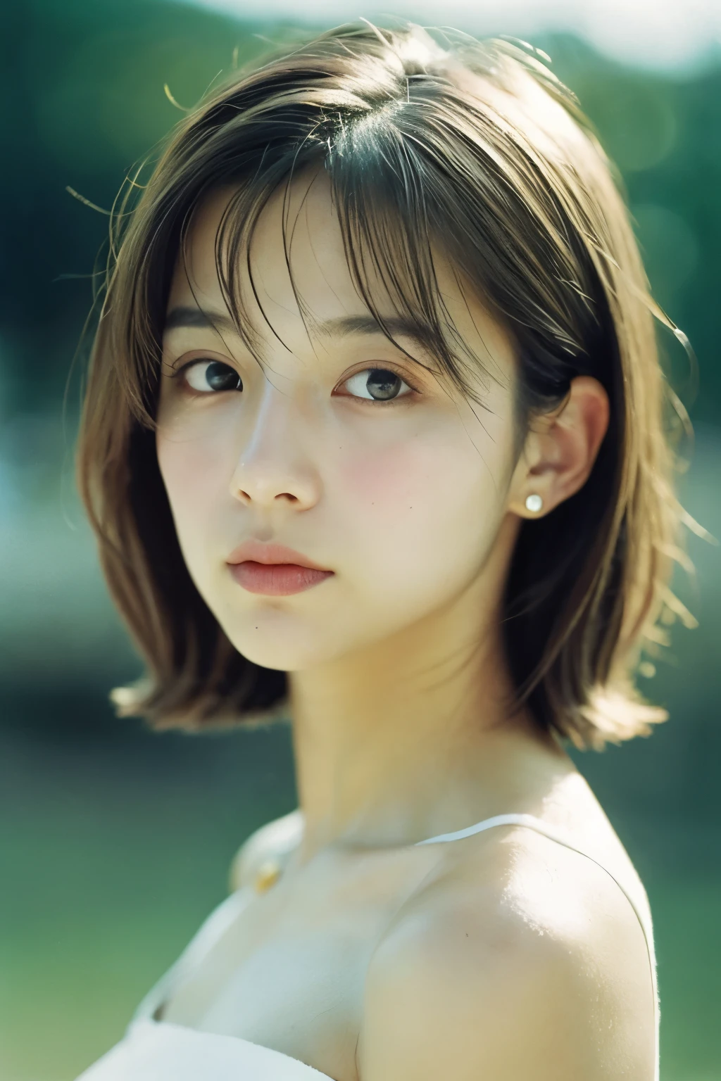 movie, film portrait photography, 1 girl, bare shoulders, wavy shoulder-length hair, calm, Calm, (realistic detailed eyes, natural skin texture, realistic facial details), soft and dramatic lighting, Depth of bounds written, Bokeh, vivid details, in detail, surreal, 35mm film, hazy blur