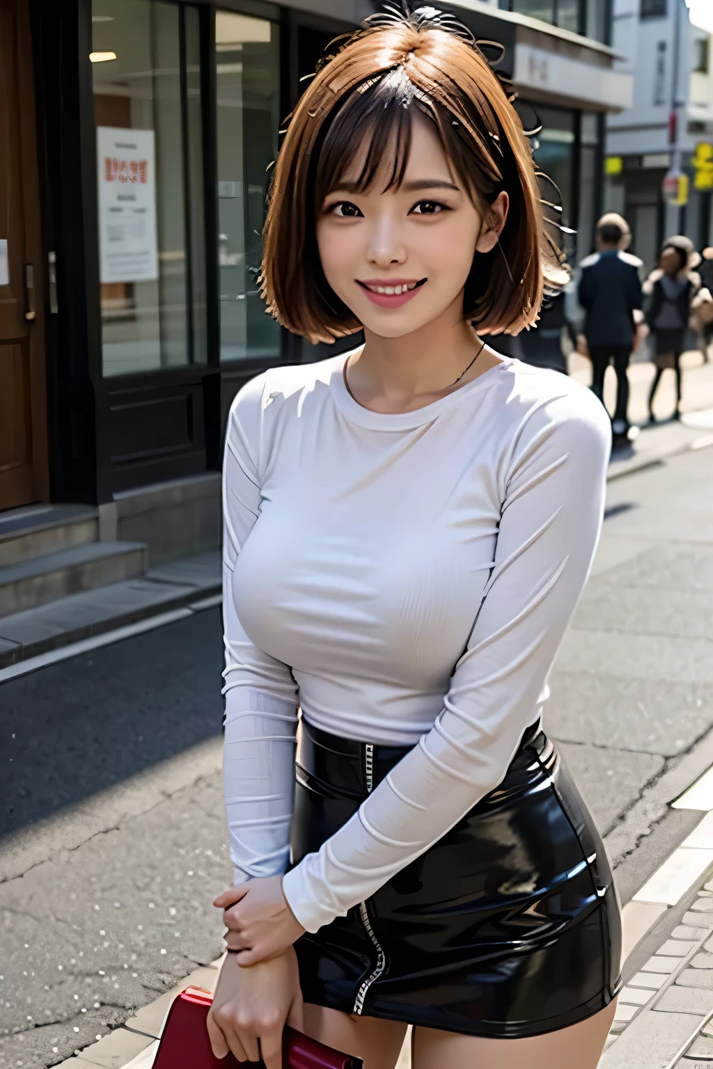 (Photoreal:1.4), (Super detailed), (highest quality), (best shadow), (masterpiece), ultra high resolution, 1 female, beautiful ripe year, bob hair, (Light purple blouse), (red tight mini skirt), (big breasts), smile, Depth of written boundary, perfect lighting, With background: (Tokyo Ginza street)