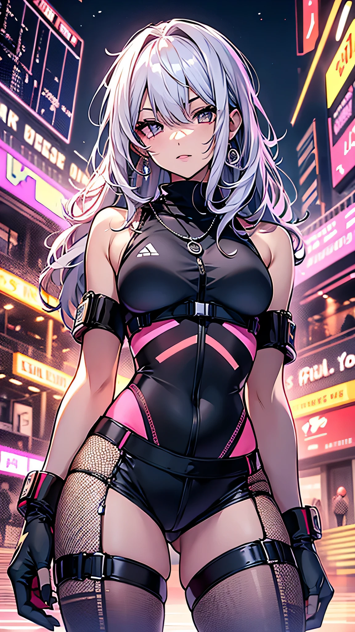 最high quality、best image quality、masterpiece、girl((20-year-old、 By becoming、vest bust、medium bust,wide open breast tea、shining eyes, silver hair、long hair、thin,highest valley、black sports bra、black sports pants、shoulder tattoo,diamond earrings、Wristband、black jacket、necklace、cool pose)),high quality、beautiful art、background((Virtual space、neon lighting、neon light、Live feeling))、Flight、debris flies、Depth of written boundary、movie、visual art、perfect art、8K,genuine、Dynamic Performance