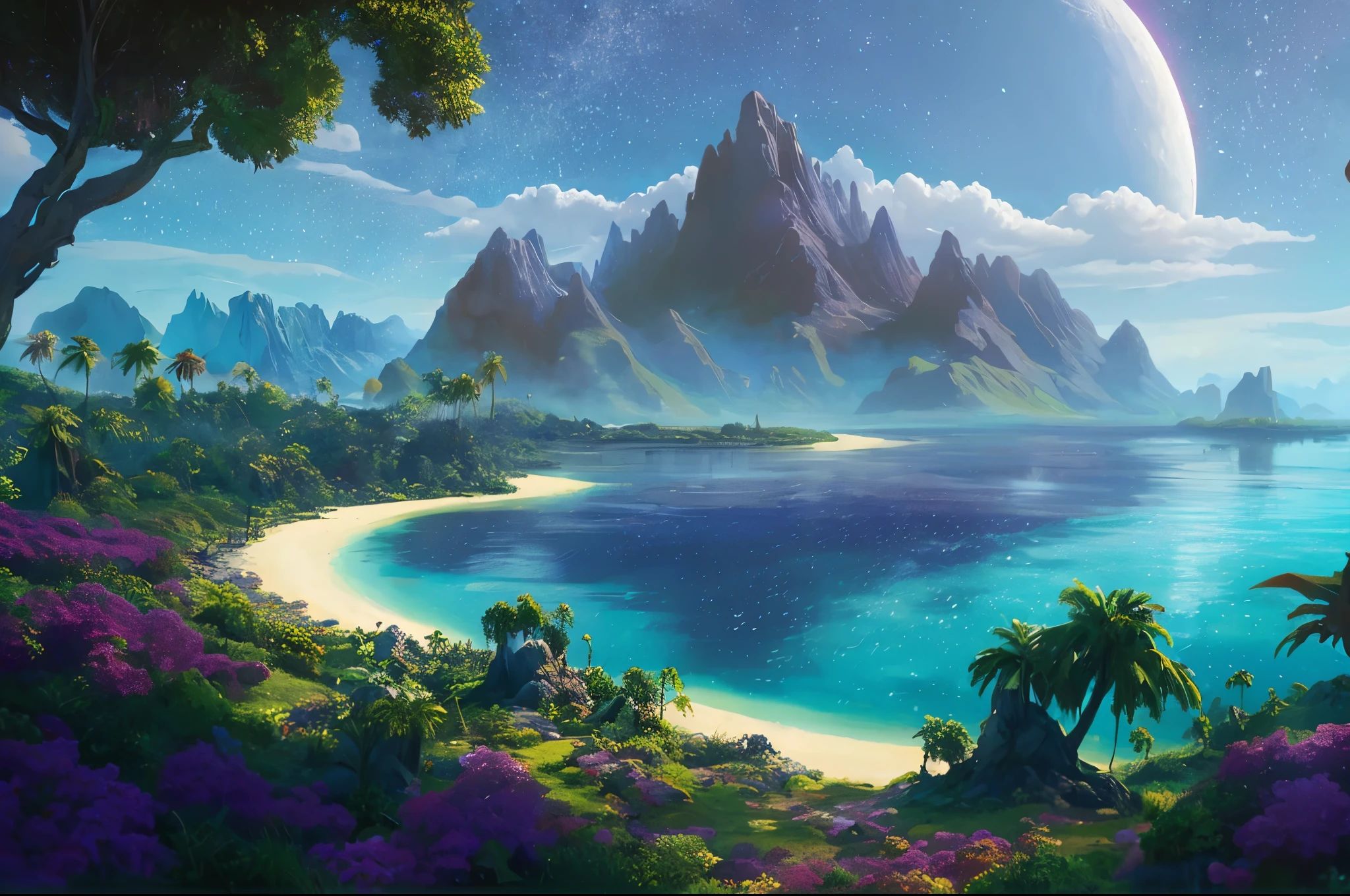 vista arafada de uma ilha tropical com uma praia e uma lua, epic matte painting of an island, epic dreamlike Paisagem de fantasia, Arte digital altamente detalhada em 4k, fantasy scenic, magnificent background, paisagem do mar de fantasia, paisagem de arte de fantasia, fundo da ilha, impressive Paisagem de fantasia, Paisagem de fantasia, pintura fosca de fantasia，bonitinho, Papel de parede hd 4 k muito detalhado