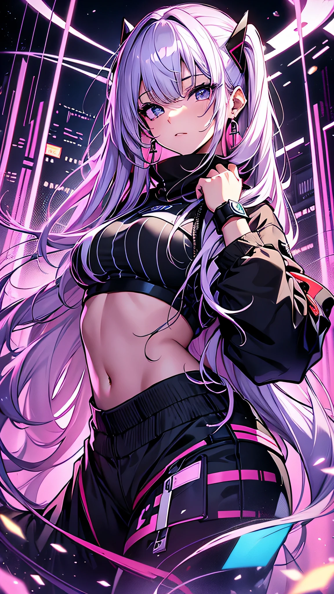 最high quality、best image quality、masterpiece、girl((20-year-old、 By becoming、vest bust、medium bust,wide open breast tea、shining eyes, silver hair、long hair、thin,highest valley、black sports bra、black sports pants、shoulder tattoo,diamond earrings、Wristband、black jacket、necklace、cool pose)),high quality、beautiful art、background((Virtual space、neon lighting、neon light、Live feeling))、Flight、debris flies、Depth of written boundary、movie、visual art、perfect art、8K,genuine、Dynamic Performance