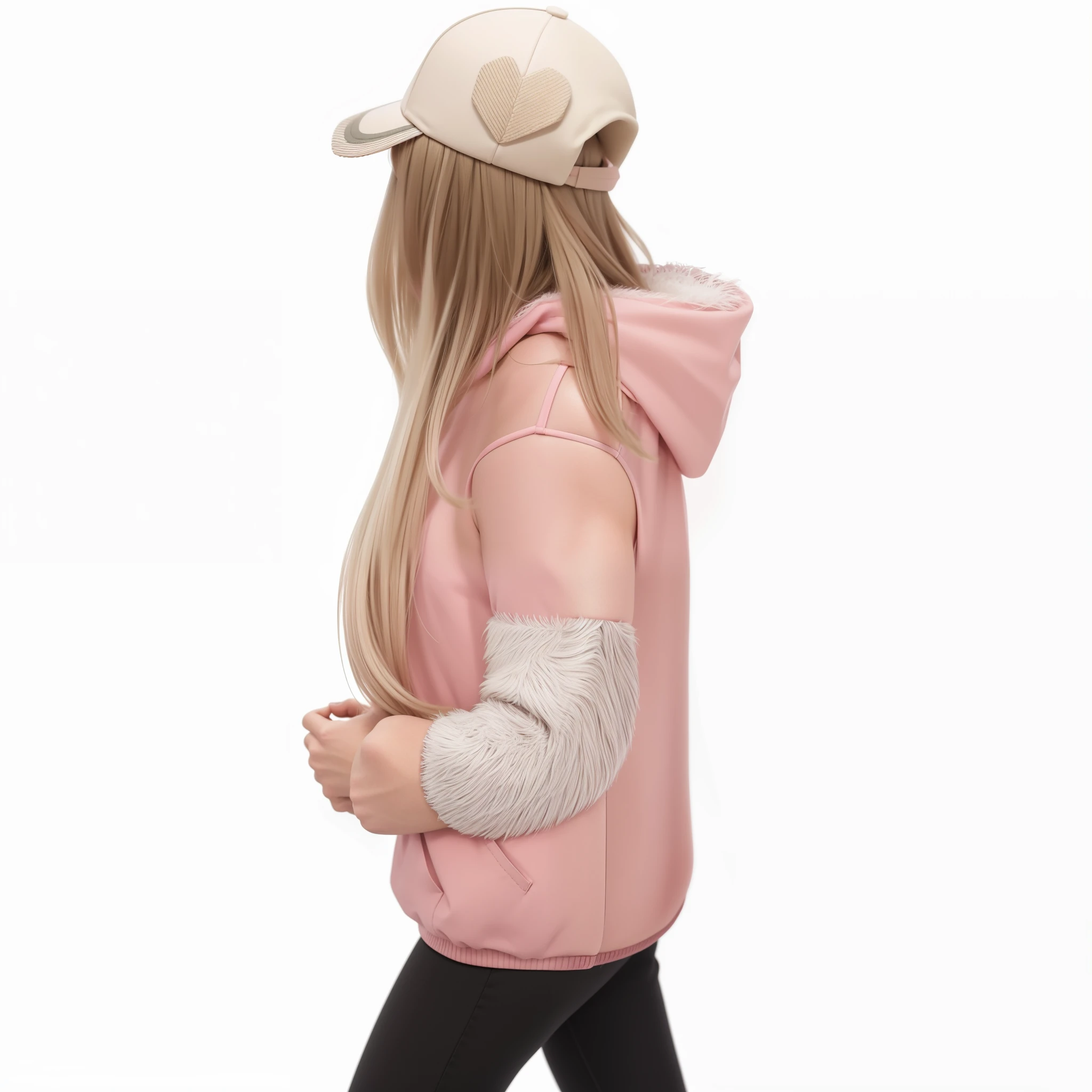  realista com casaco rosa e detalhes em pelo branco, cap with fur appliqué details, ultra realista, 8k, detalhes intrincados, (High image resolution), (photorealismo extremo), 16k,