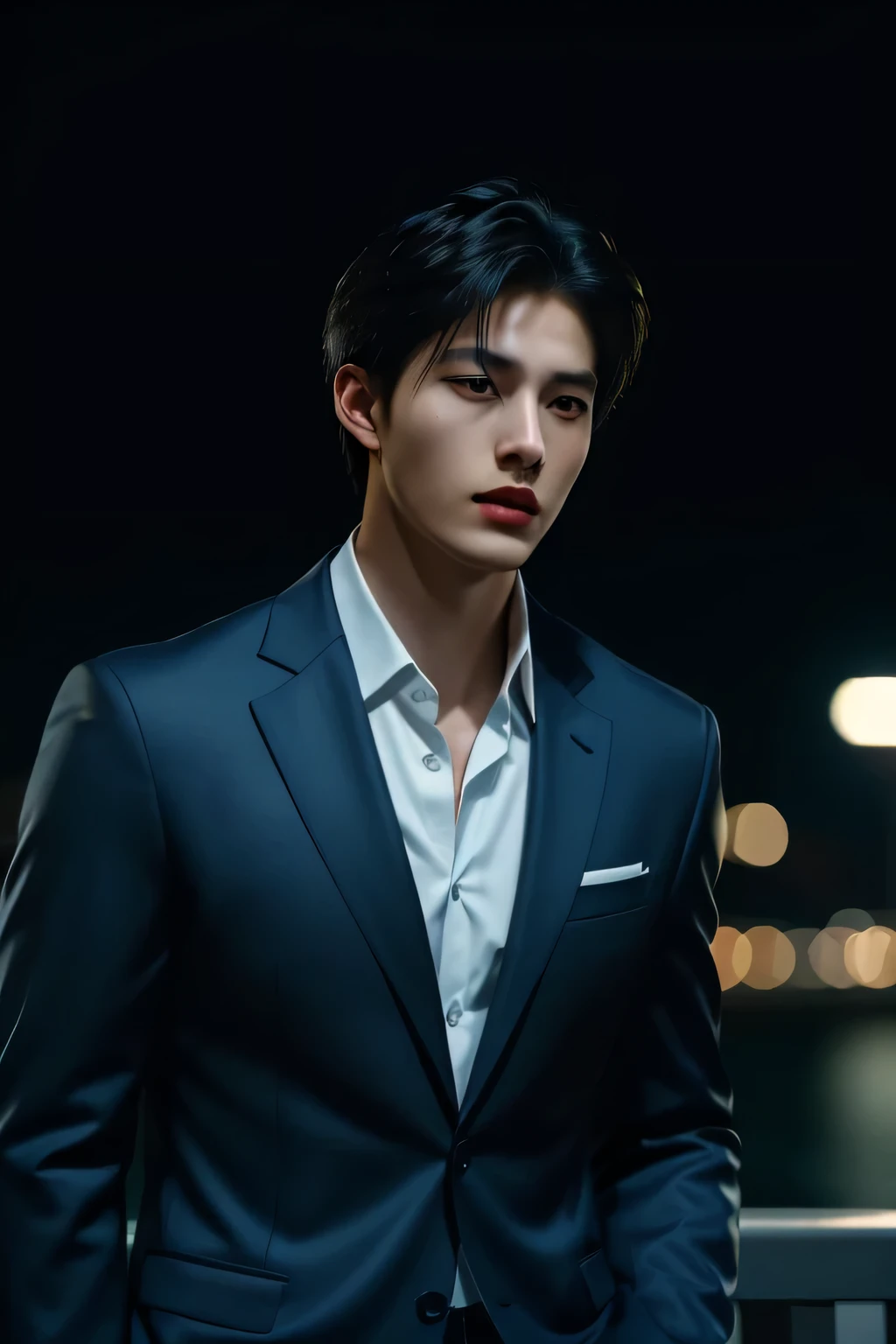 1 person, ((male model )) hot skin, masterpiece, 最high quality,  the most handsome man in the world, Written by Shen Quan, perfect body, beautiful male model,dark blue suit, charmな男性 25～30  aesthetics, Singapore, night view, strong, handsome young man in a suit, Wearing a suit makes you look slimmer,  (male focus), ((Smooth body)), very cute, night viewを背後に立つ, cool and seductive, dramatic lighting, A slightly androgynous look, like々nice face, full body, hairless body, thin and tall, fit the body, dominant, Caucasian or white skin, like々nice face, toned body, High resolution, natural skin tone, soft light, very detailed, main character of the novel, photo shoot, fine skin, real person, realistic, photo-realistic, very detailed, facial details, hype maximalist, hype, cinematic, stare into the distance, illuminate intricate details, very detailed, very detailed, digital painting, Smooth, sharp focus, shape, unreal engine 5, 8K,, UHD, 8K, Show men only.8k uh, Digital single-lens reflex camera, dim lighting, high quality, film grain, Fujifilm XT3, charm,1 person.