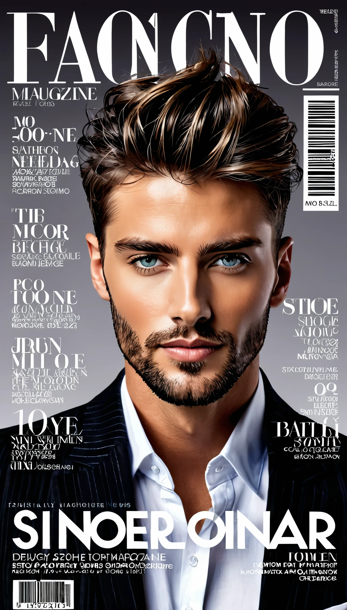 Fashion magazine cover design，handsome man，text，barcode，Stylish and simple，