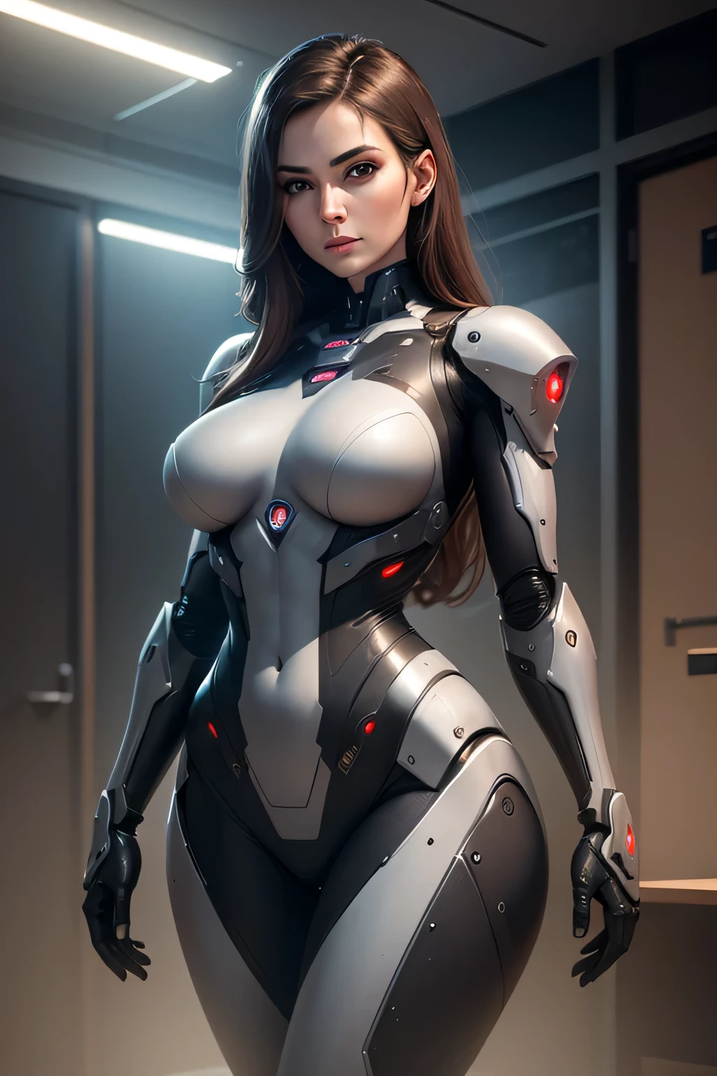 A married woman turned into a spy robot machine with exposed chest Arms and legs remain human indoor, UHD, retina, masterpiece, Accurate, anatomically correct, rough skin, Super detailed, advanced details, high quality, Award history, 最high quality, High resolution