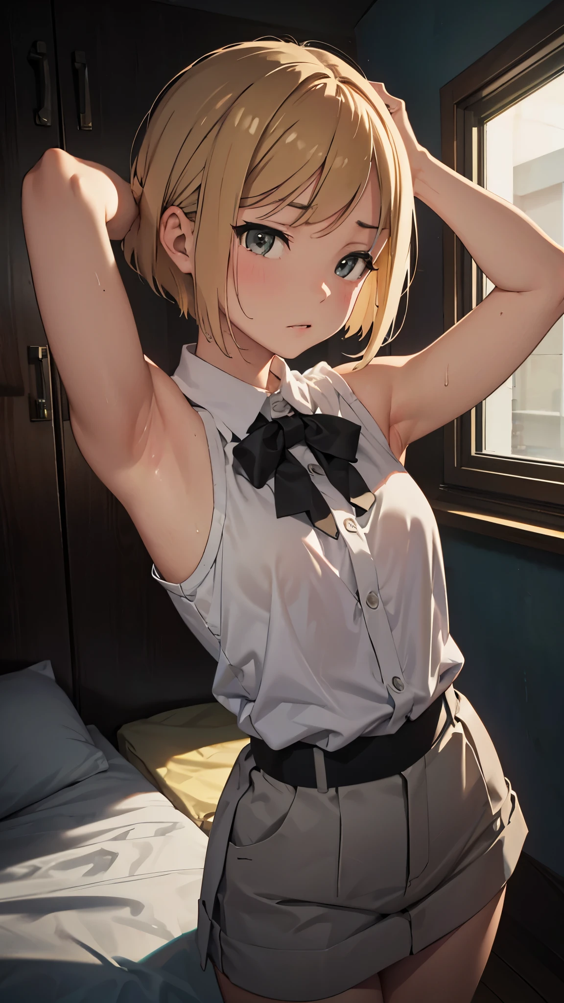 nsfw, A short-haired man approaches his face and sniffs the armpit of a blonde girl.。