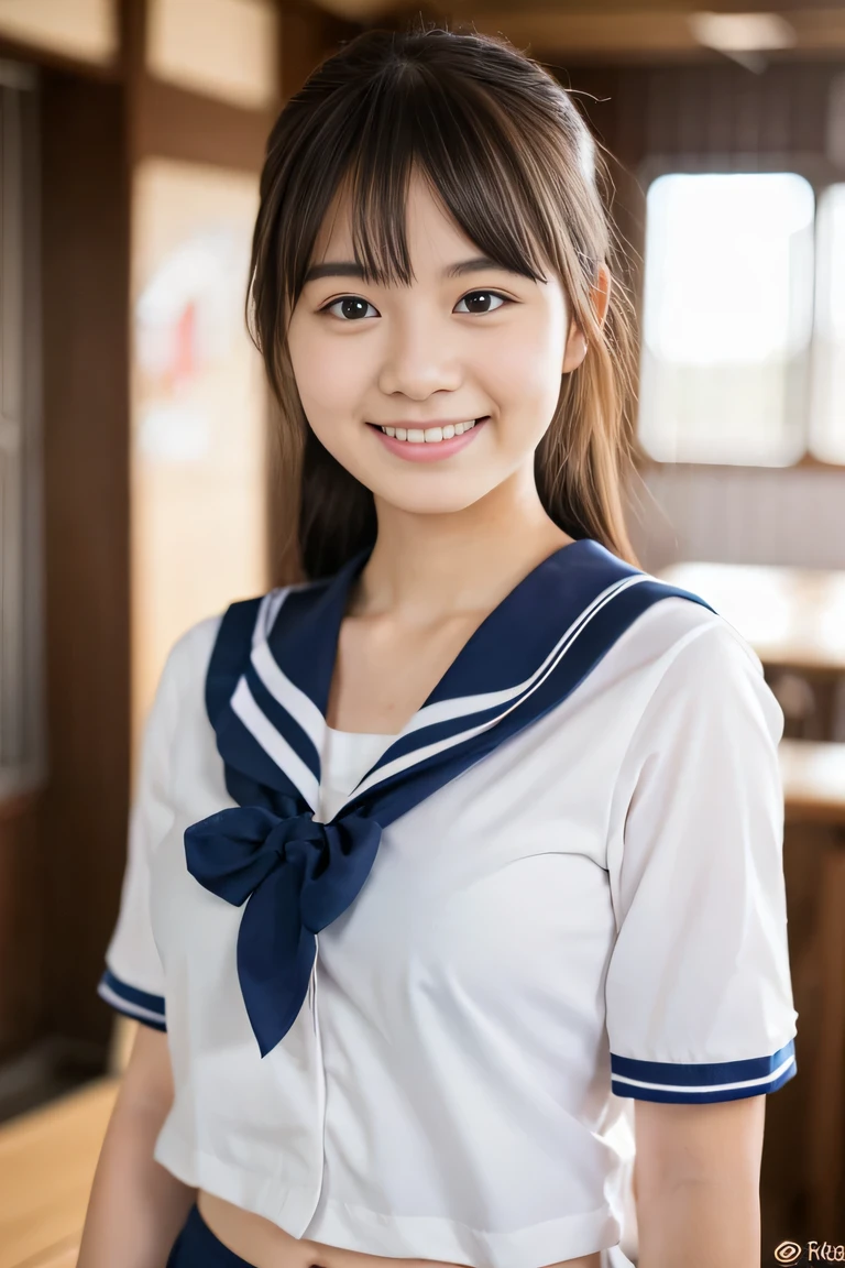 cleavage,　the chest of the shirt is wide open, embarrassed , 1girl, cute, 18 years old, smiling, look at viewer, sailor uniform, seifuku, photo, realistic, best quality, hires, detailed face, classroom, detailed background, diffused lighting, depth of field, bokeh, , portrait, , ( masterpiece), accurate, anatomically correct, f/1.8, 90mm, Fujifilm GFX 50R, raw photo, regina display, super detail, high details, high quality, best quality, highres, UHD, 1080p HD, 4K, 8K, beauty, Slender , standing,