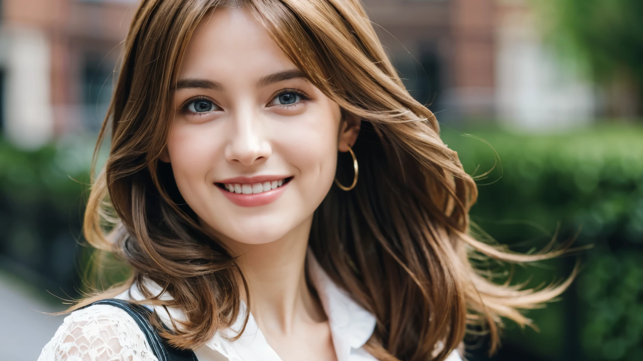 masterpiece, Best Quality, Photorealistic, Ultra-detailed, finely detailed, High resolution, 8K Wallpaper, 1 beautiful woman, light brown hair, sharp focus, Perfect dynamic composition, Beautiful detailed eyes, detailed hairs, Detailed realistic skin texture, Smiling, portrait, Model body type, Take a walk on the street of London,