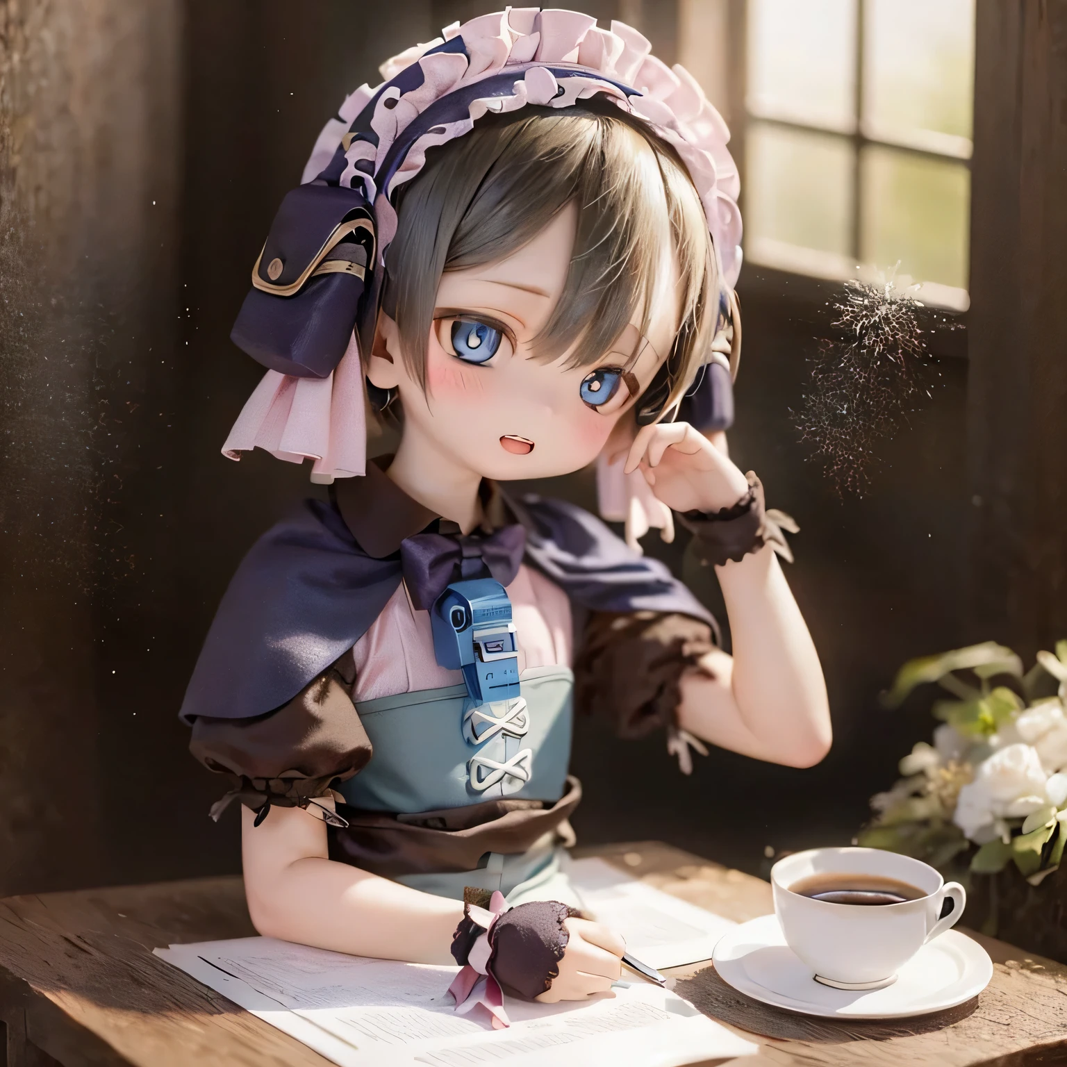 (highest quality, High resolution, masterpiece:1.2),Super detailed,realistic:1.37,Maluluk from Made in Abyss,(highest quality, High resolution, 4k, Super detailed, masterpiece:1.2), realistic, HDR, Bright colors, sharp focus, studio lighting, extreme details, Professional, Portrait, anime, blue tone, Natural light, girl, blonde curly hair, flat chest, gothic lolita clothing, innocent look, delicate features, long eyelashes, expressive eyes, rosy cheeks, soft lighting, dreamy atmosphere, quirky background(((((((bow)))))))The whole body drinks tea in the mansion