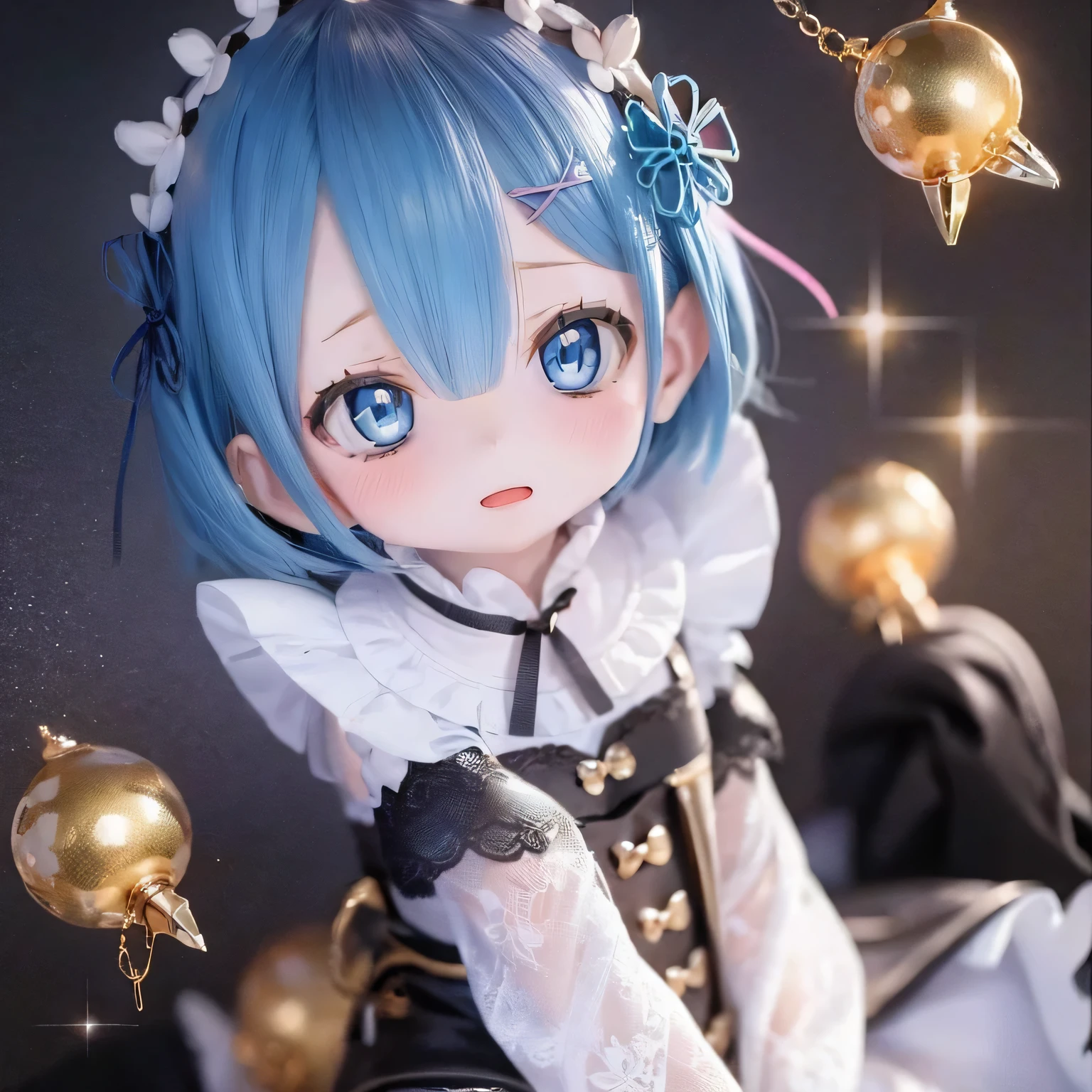 A 5 year old girl named Rem, It is depicted in (((((((baby))))))) style, with beautiful and detailed eyes, lips, and the face. Artwork must be of the highest quality, Sharp focus and ultra-detailed rendering. Color palette should be bright and vibrant. Medium must be illustration or digital painting. For additional details, see、Includes Rem in a cute dress, Surrounded by your favorite toys, and there was a happy expression on her face.(((Chibi)))Nendoroid blue hair cute pose flat chest whole body