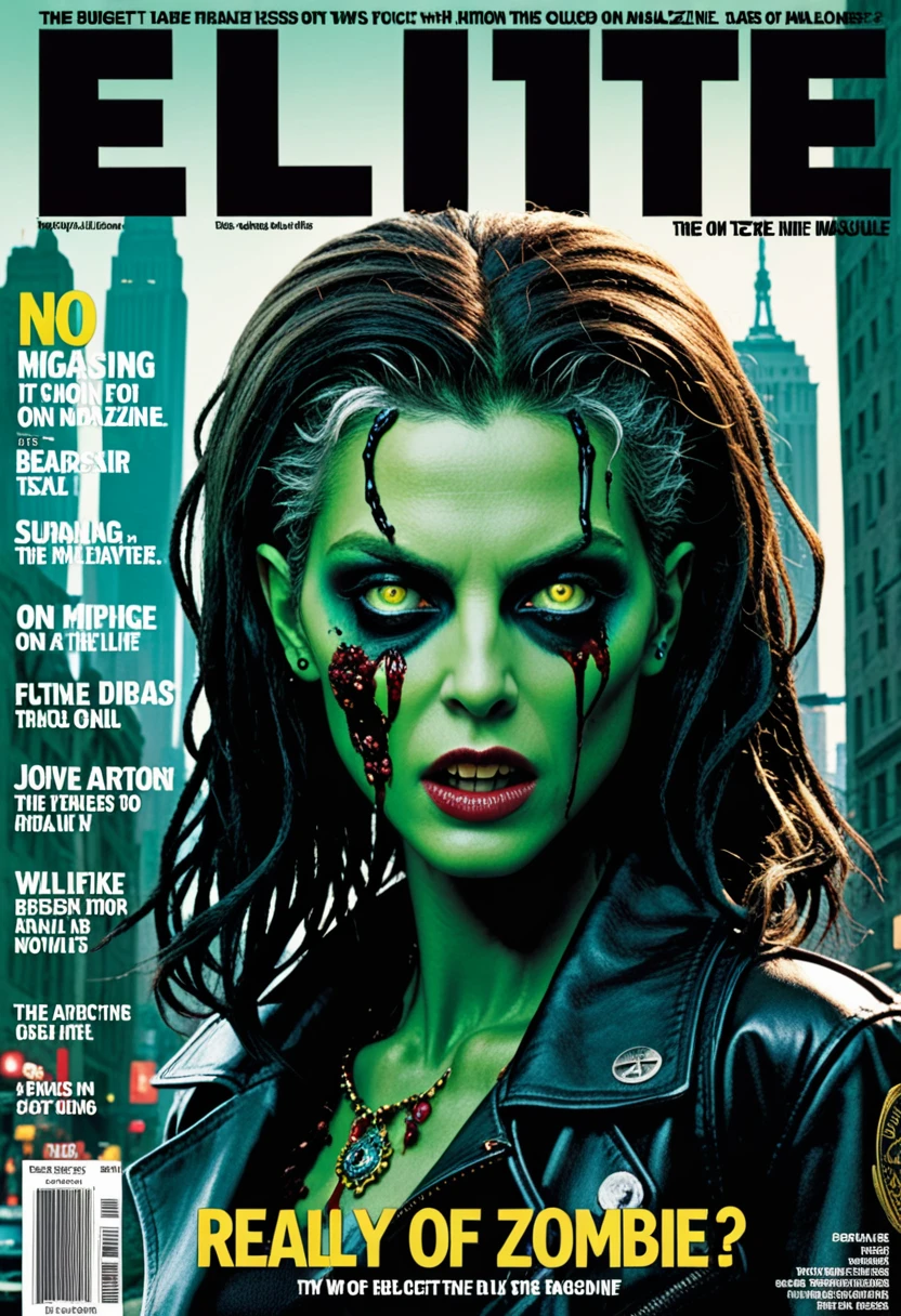 The design of the cover of the elite magazine, stylization as the magazine "Life" cinematic frame, the text of the title "Not Life," the text of the subtitle "our new world," Magazine cover featuring a fusion of style and horror, two zombies exude fashion-forward dread, faces partially rotted and heavily made-up, green claw-like nails, one missing eye, set against the backdrop of a post-apocalyptic city in ruins, headlines and subtitles of the magazine, the text of the article "really TV zombie?! , "the Text of the article" our flora on our head, "the Text" no. 5, "Text" 03/19/2024, "full imitation of" Life "magazine cover, magazine issue, date magazine issue, Circulation, clear Text, focus on headlines, focus on the center of the picture, a very detailed, high-budget Hollywood movie, gorgeous, graininess. Glossy magazine