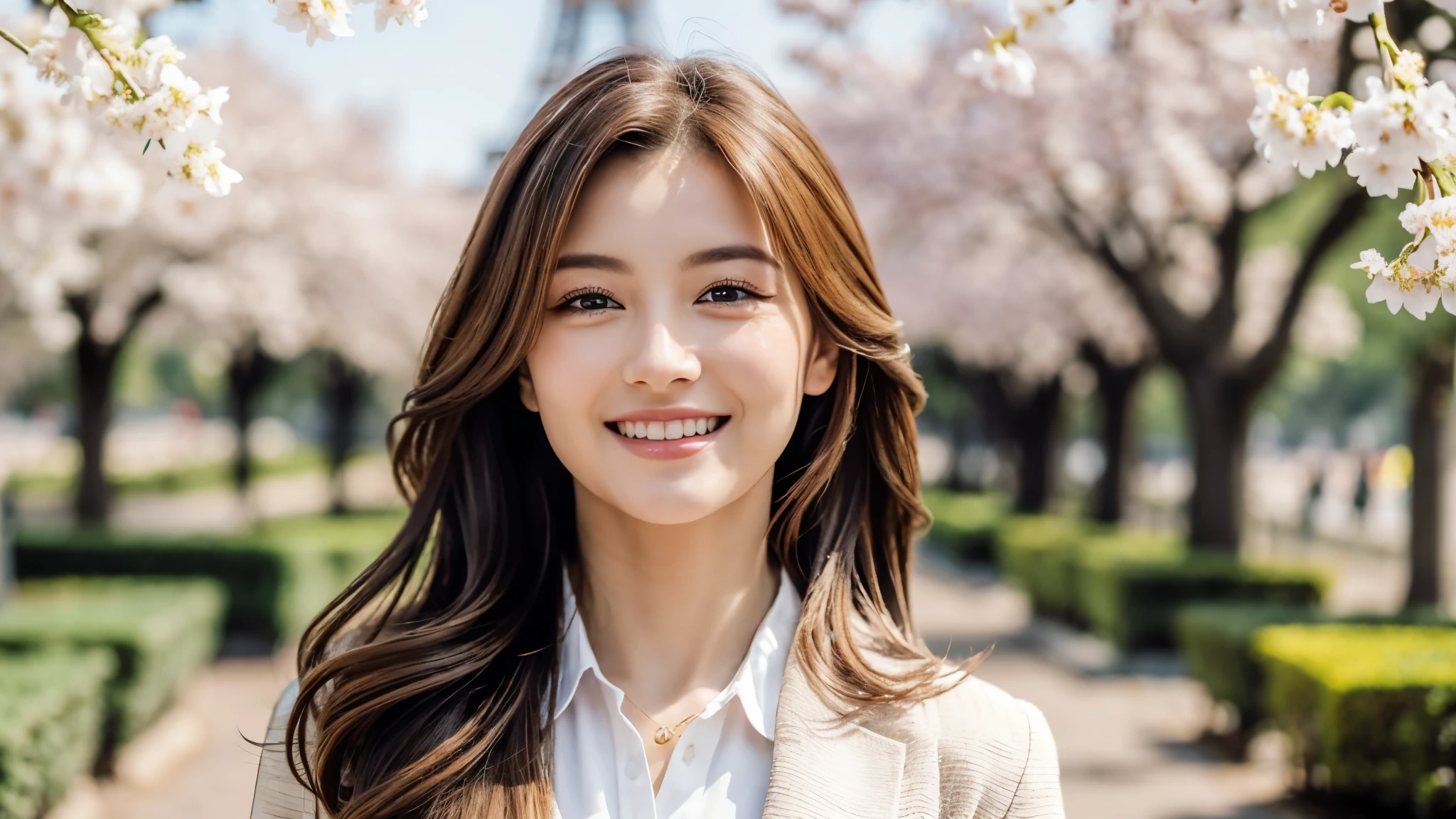 masterpiece, Best Quality, Photorealistic, Ultra-detailed, finely detailed, High resolution, 8K Wallpaper, 1 beautiful woman, light brown hair, sharp focus, Perfect dynamic composition, Beautiful detailed eyes, detailed hairs, Detailed realistic skin texture, Smiling, portrait, Model body type, Take a walk in the park with cherry blossoms and Eiffel Tower background,